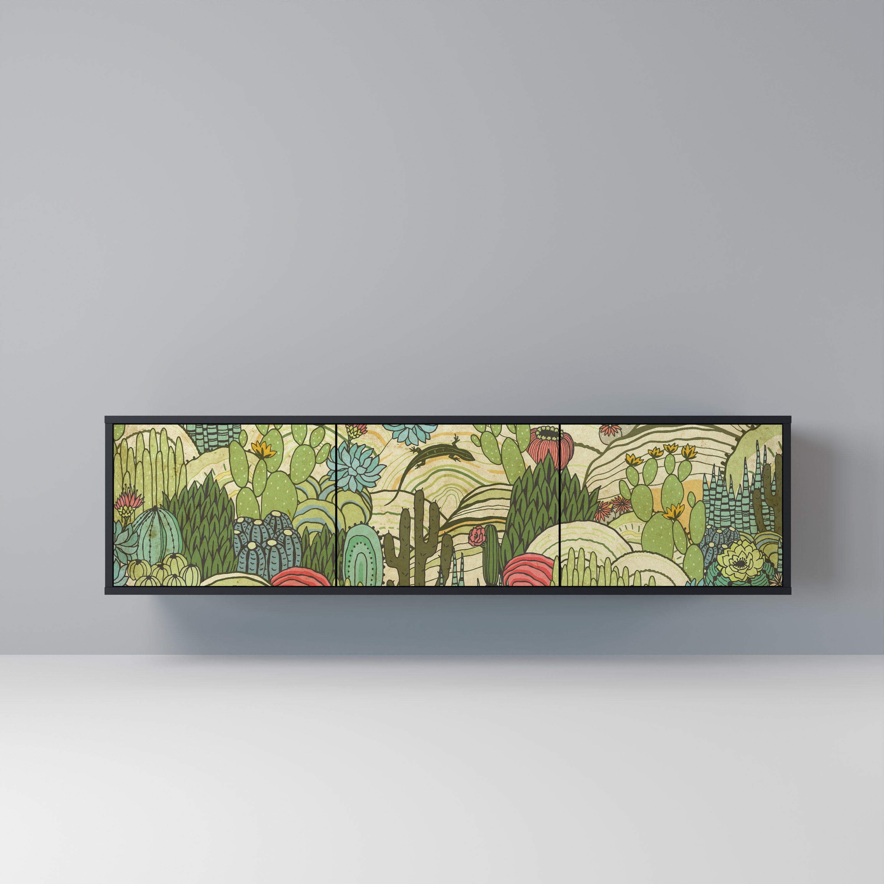 SUCCULENTS KALEIDOSCOPE 3-Door TV Stand in Black Finish