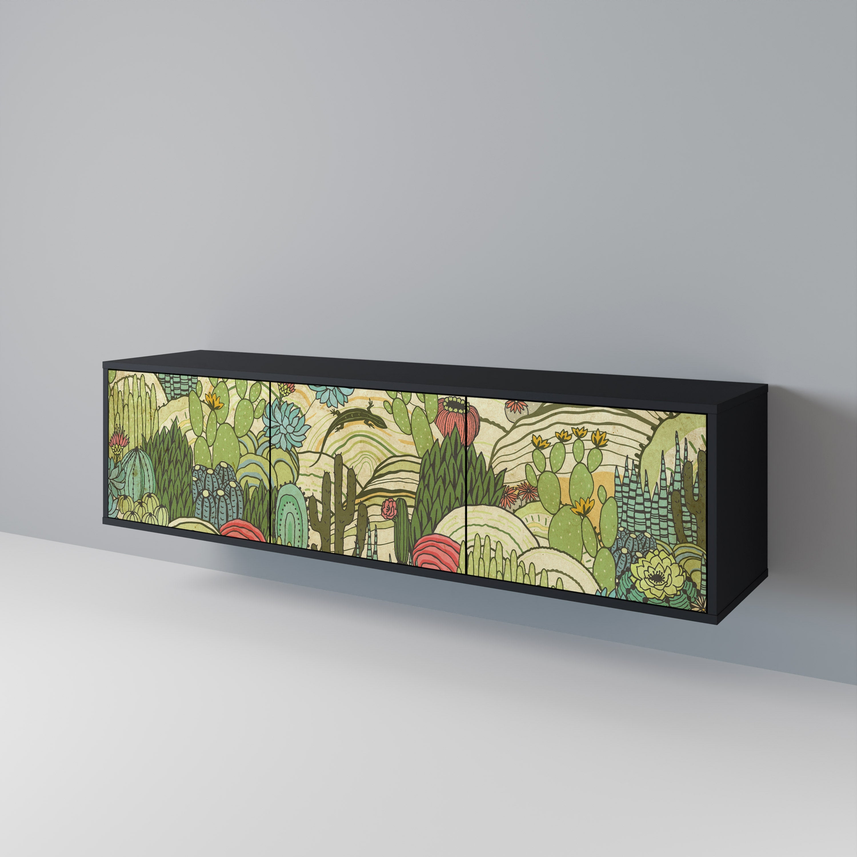 SUCCULENTS KALEIDOSCOPE 3-Door TV Stand in Black Finish