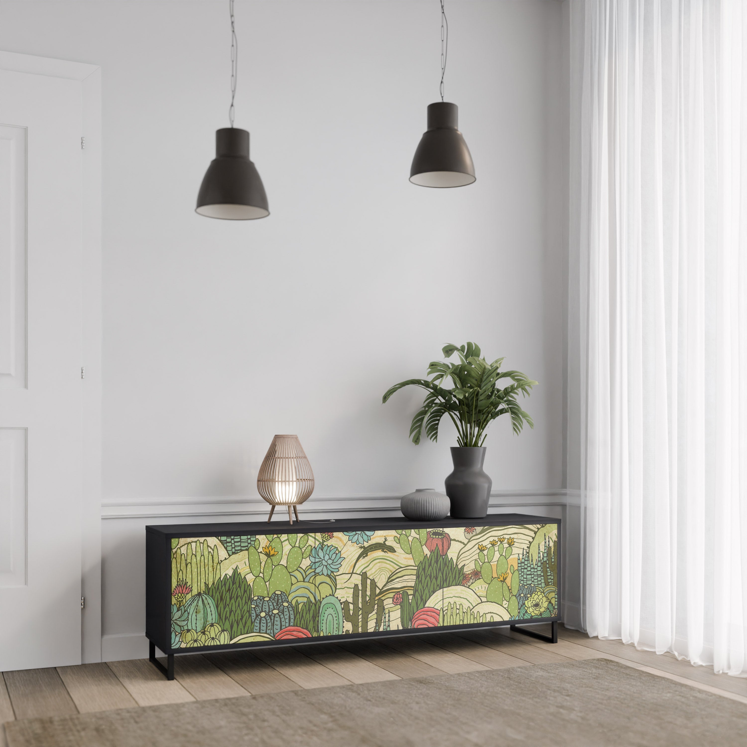 SUCCULENTS KALEIDOSCOPE 3-Door TV Stand in Black Finish