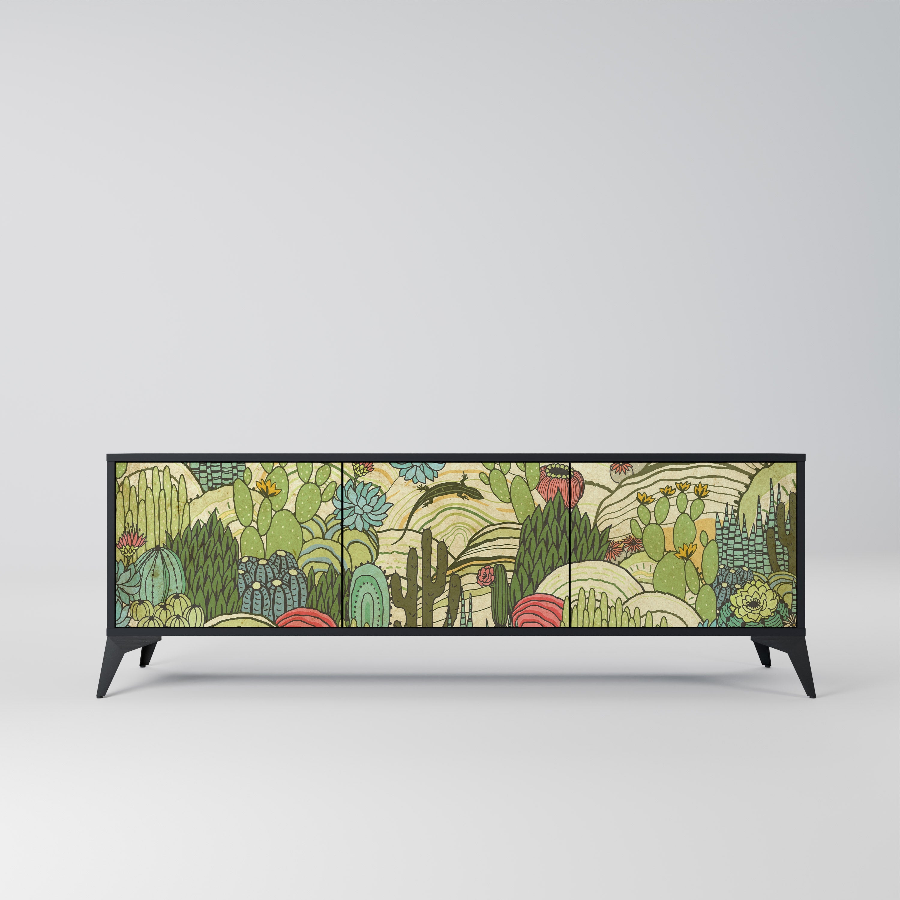 SUCCULENTS KALEIDOSCOPE 3-Door TV Stand in Black Finish