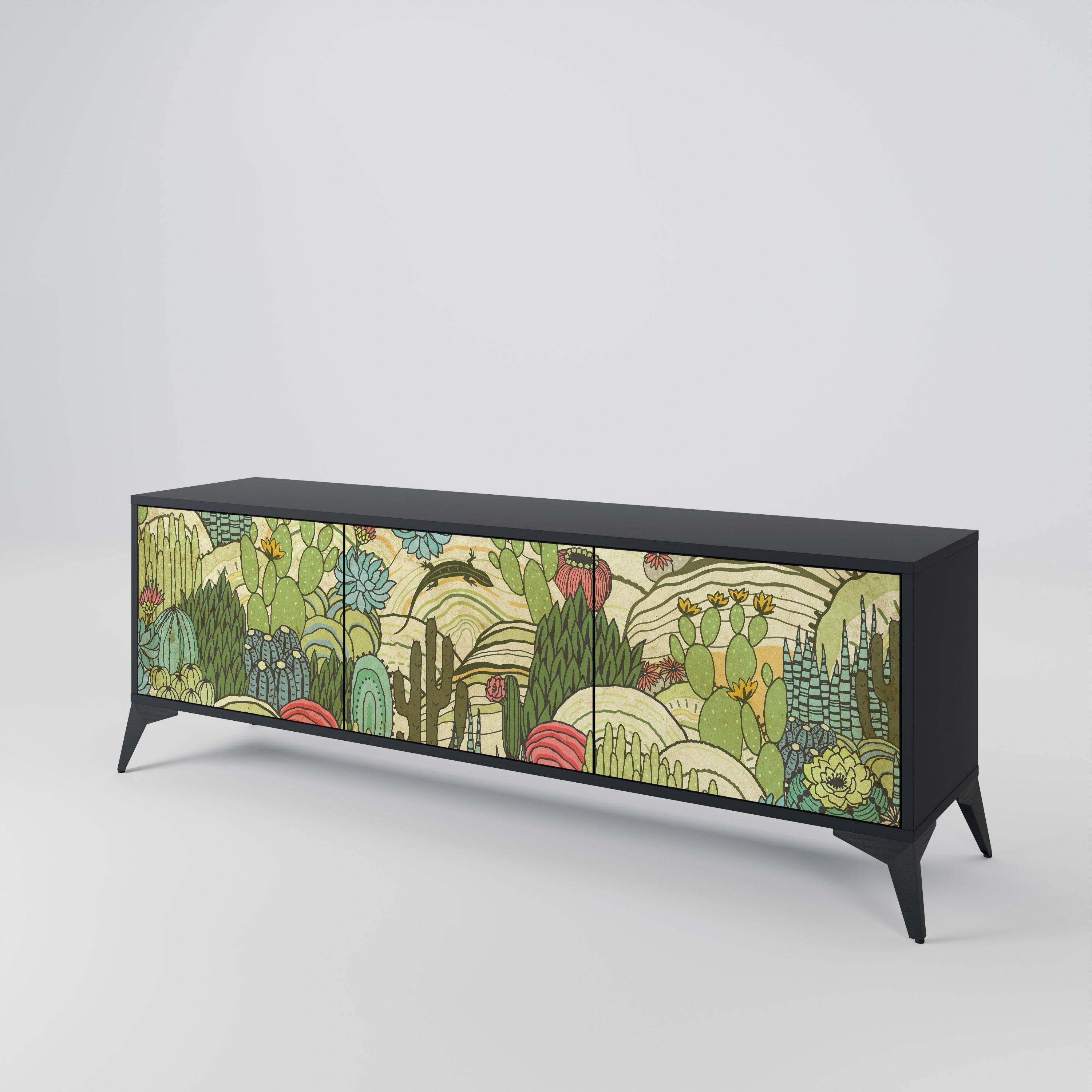 SUCCULENTS KALEIDOSCOPE 3-Door TV Stand in Black Finish