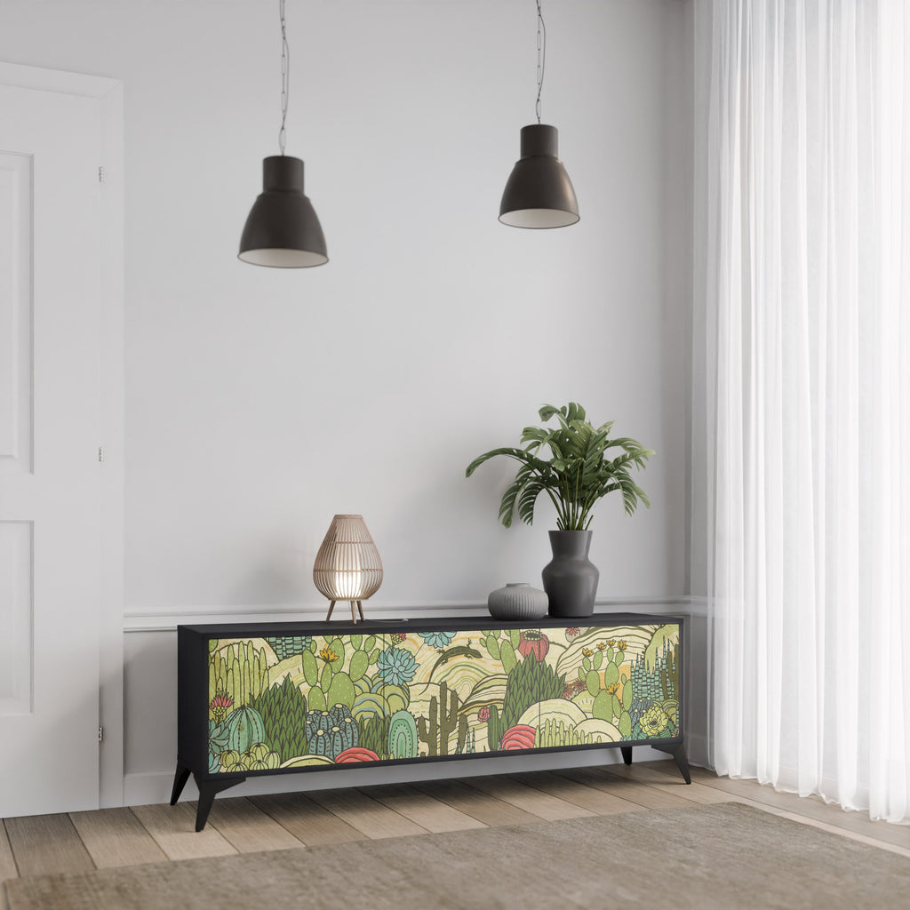 SUCCULENTS KALEIDOSCOPE 3-Door TV Stand in Black Finish