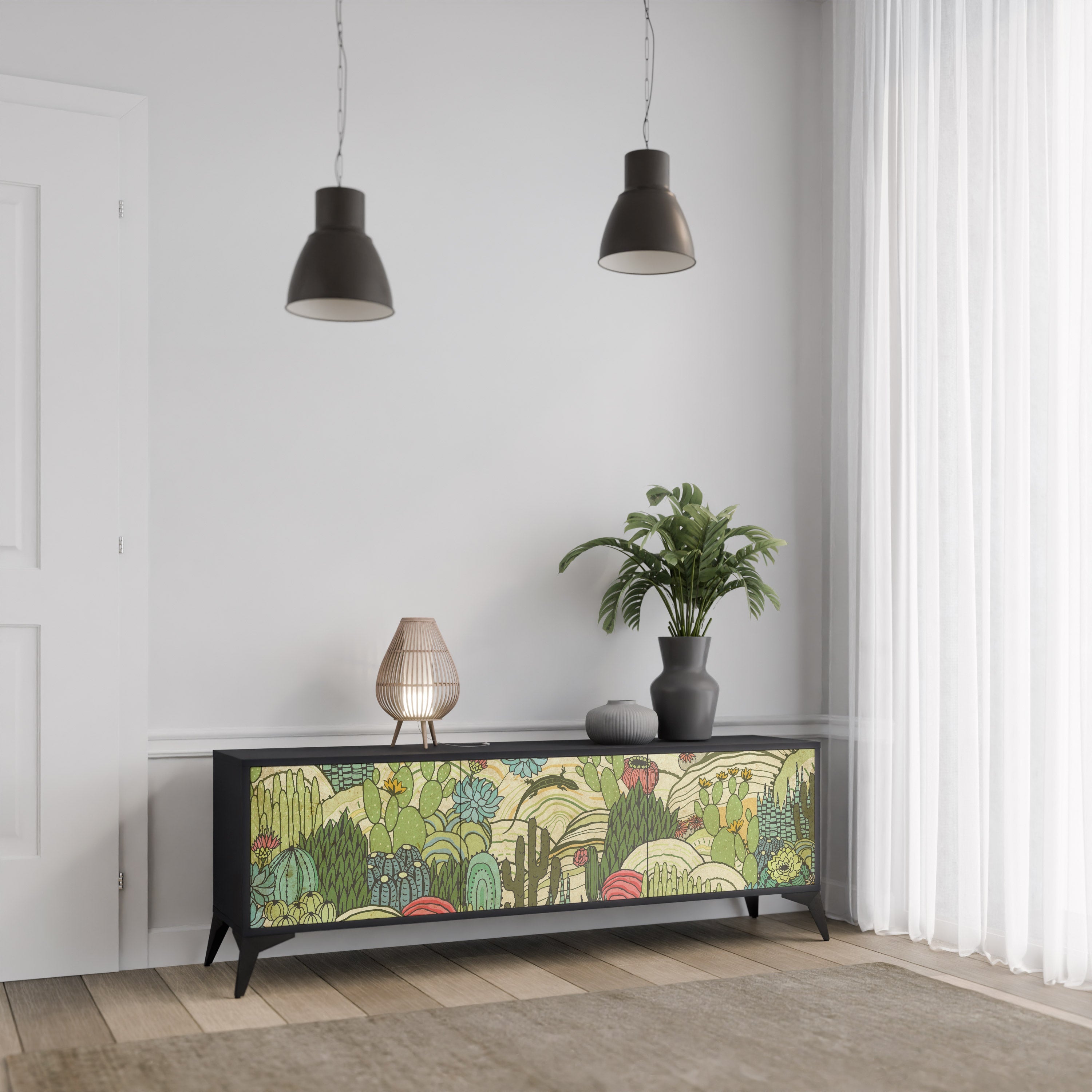 SUCCULENTS KALEIDOSCOPE 3-Door TV Stand in Black Finish