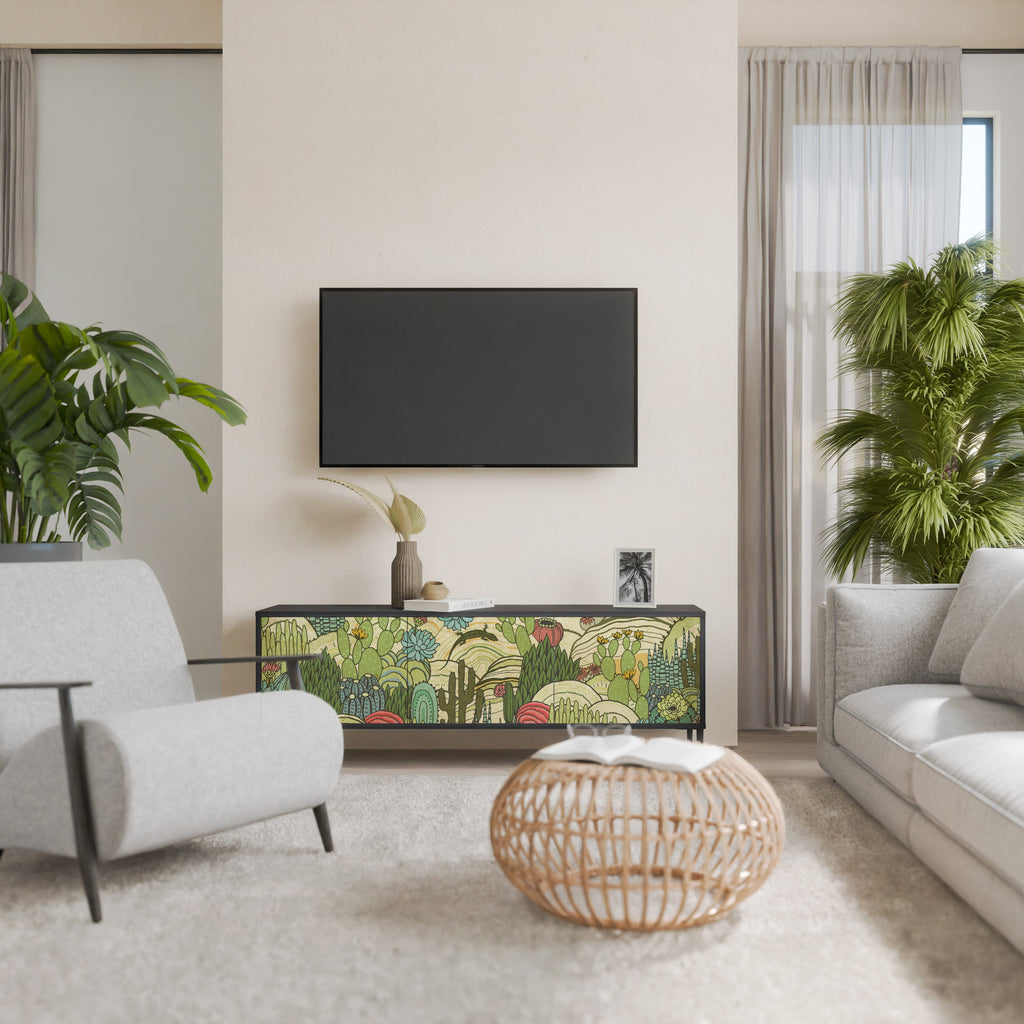 SUCCULENTS KALEIDOSCOPE 3-Door TV Stand in Black Finish