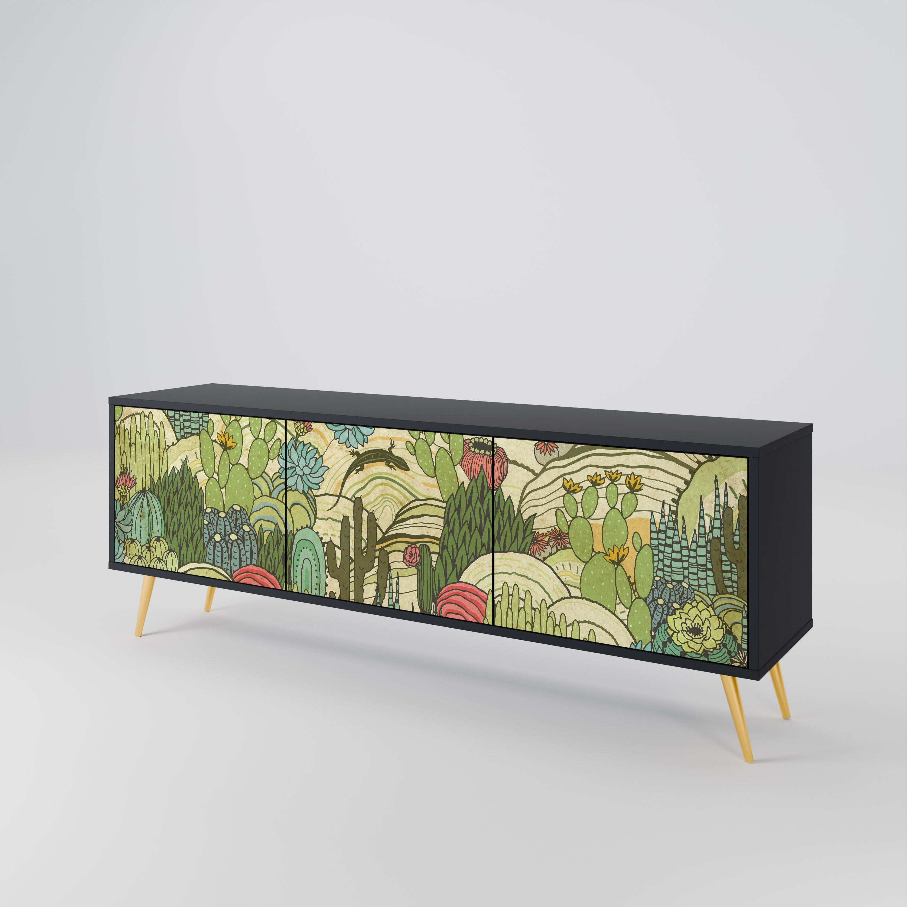 SUCCULENTS KALEIDOSCOPE 3-Door TV Stand in Black Finish