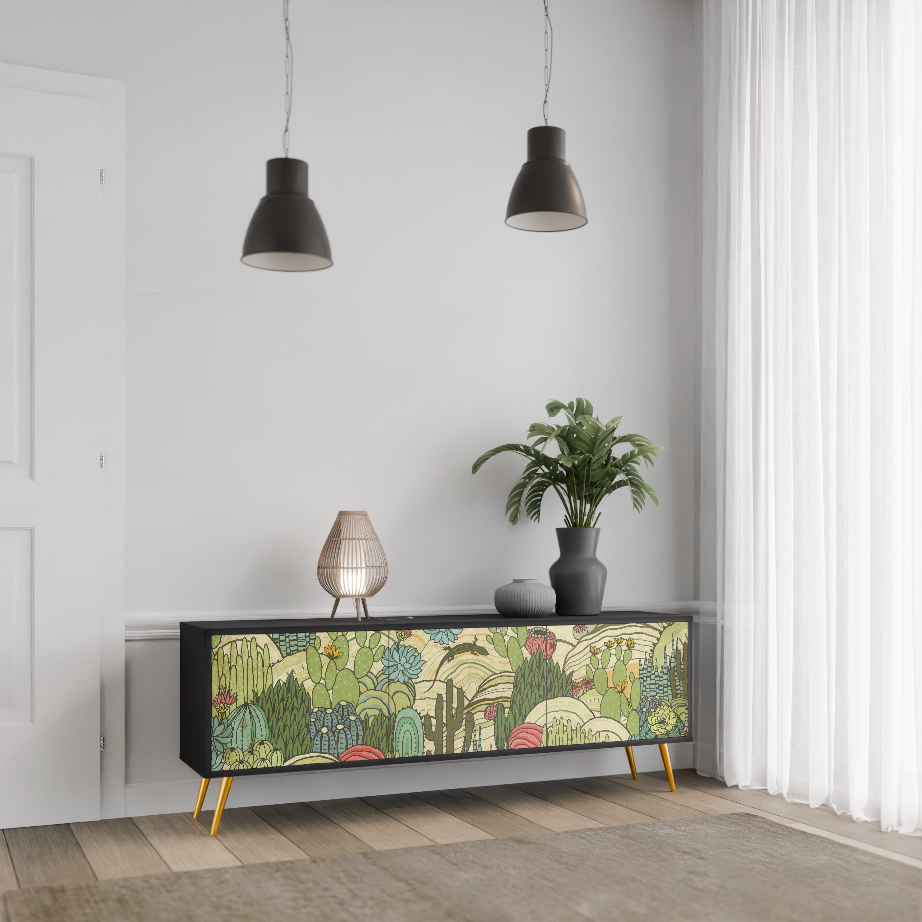 SUCCULENTS KALEIDOSCOPE 3-Door TV Stand in Black Finish