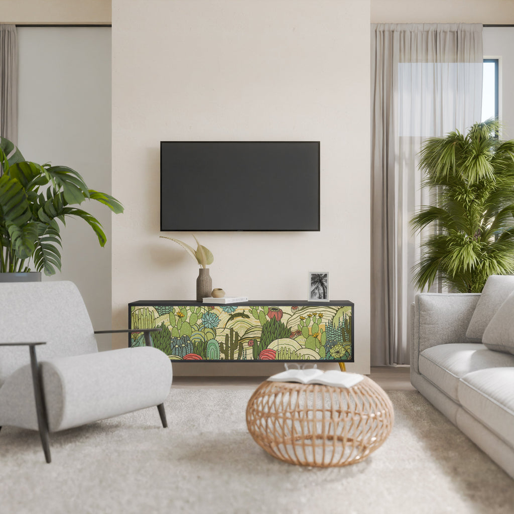 SUCCULENTS KALEIDOSCOPE 3-Door TV Stand in Black Finish