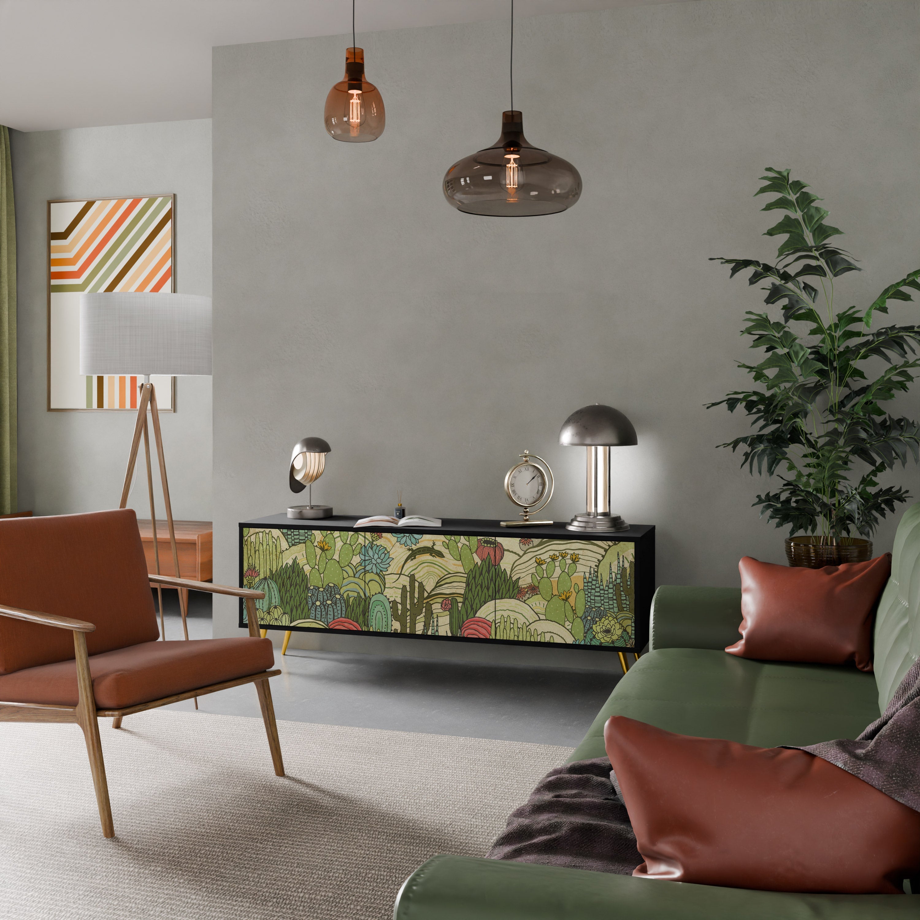 SUCCULENTS KALEIDOSCOPE 3-Door TV Stand in Black Finish