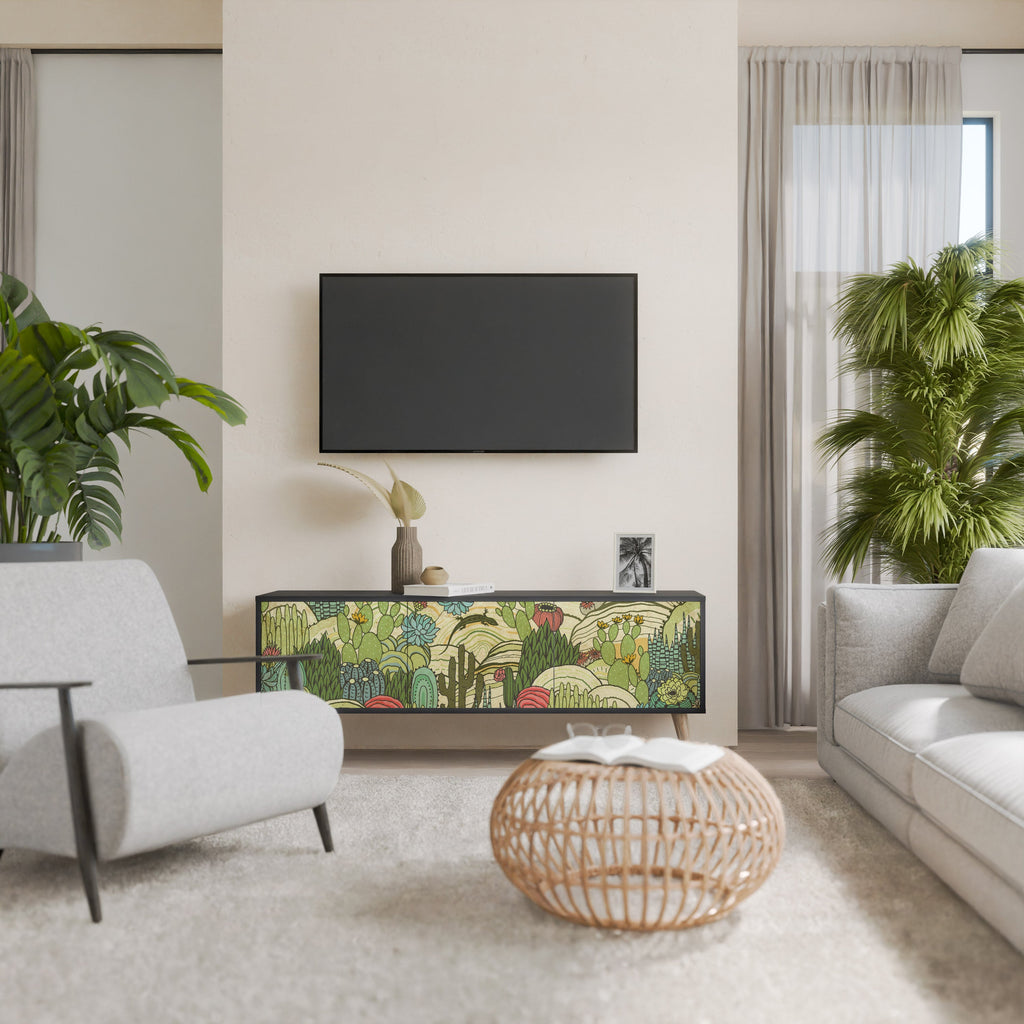 SUCCULENTS KALEIDOSCOPE 3-Door TV Stand in Black Finish