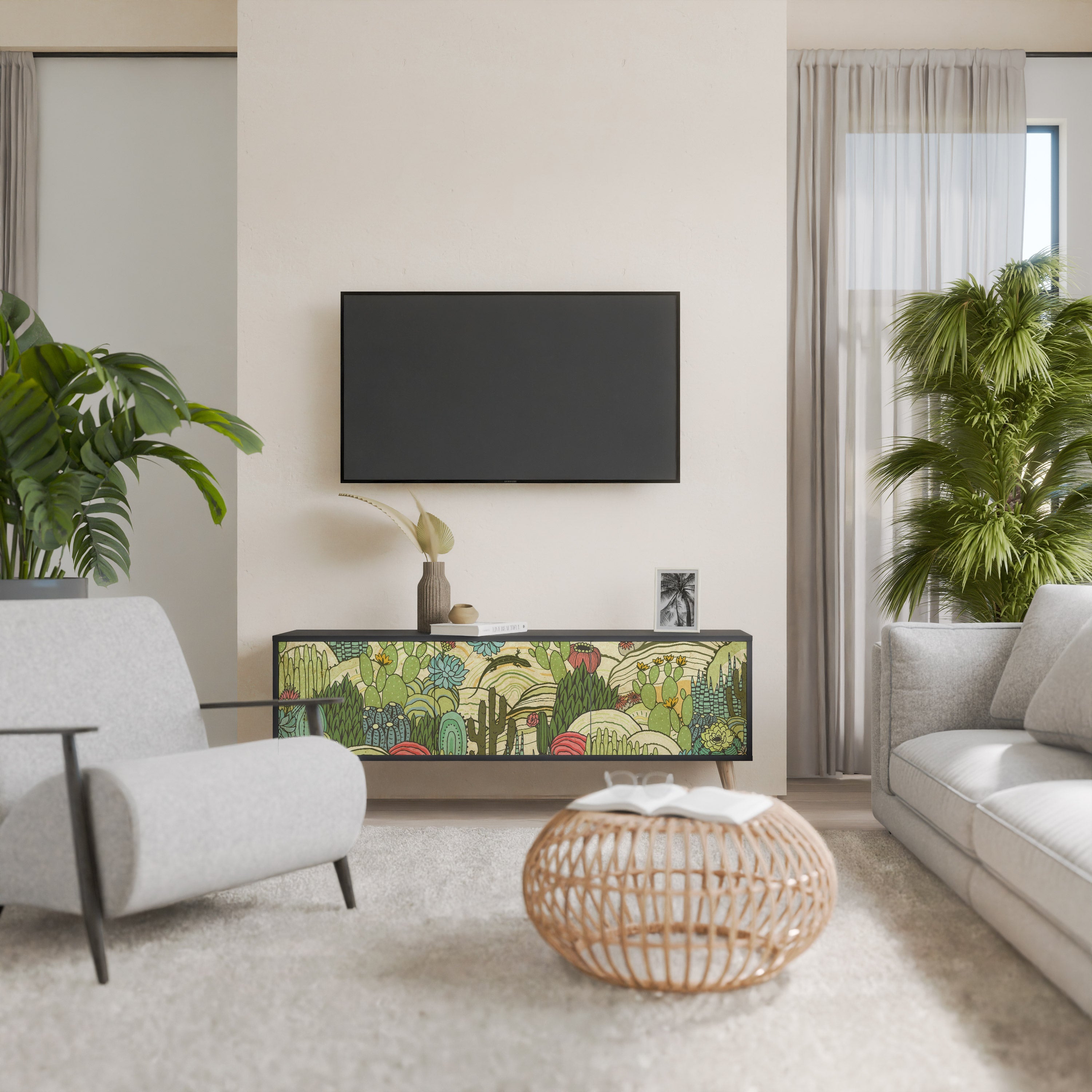 SUCCULENTS KALEIDOSCOPE 3-Door TV Stand in Black Finish