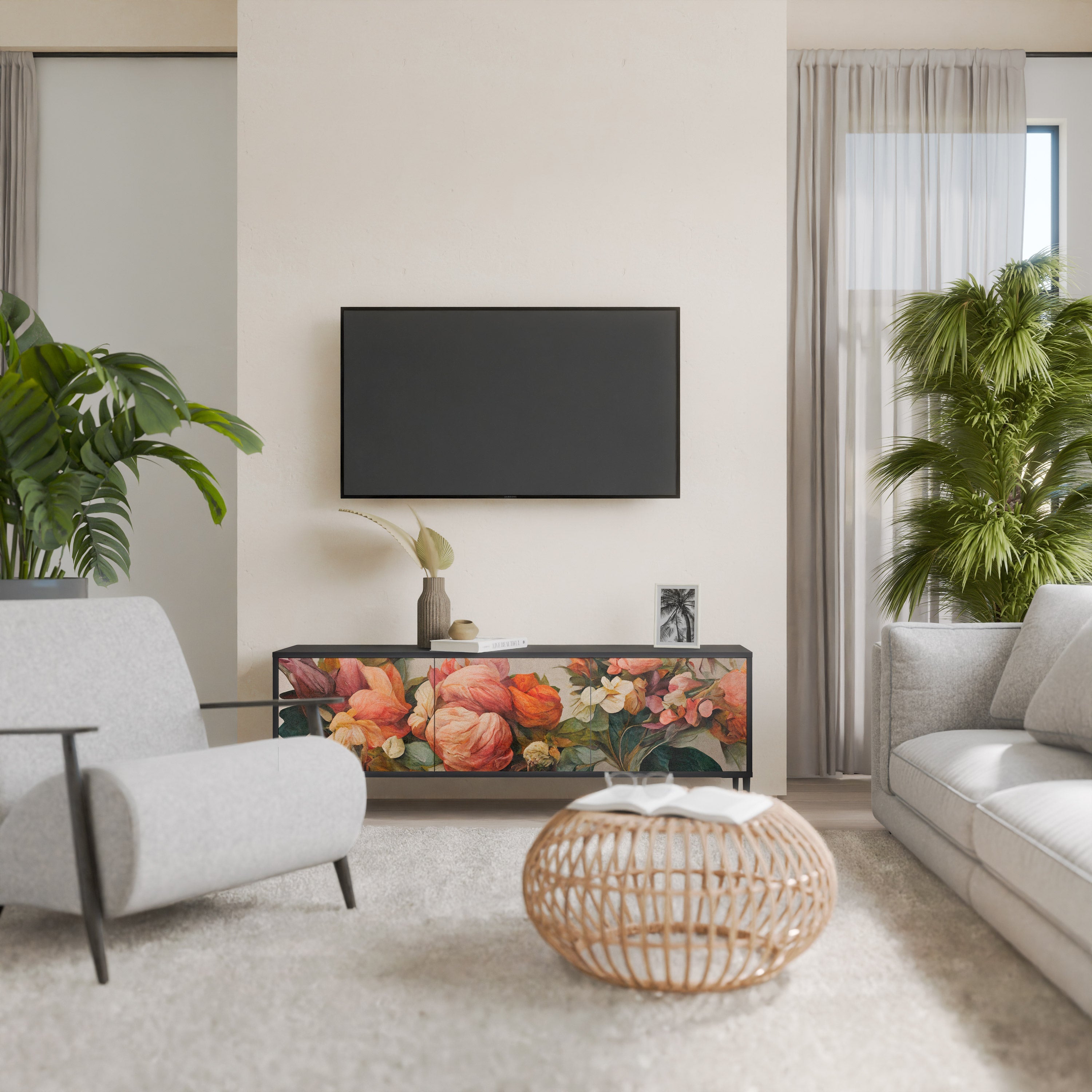 STYLISH BEAUTY 3-Door TV Stand in Black Finish