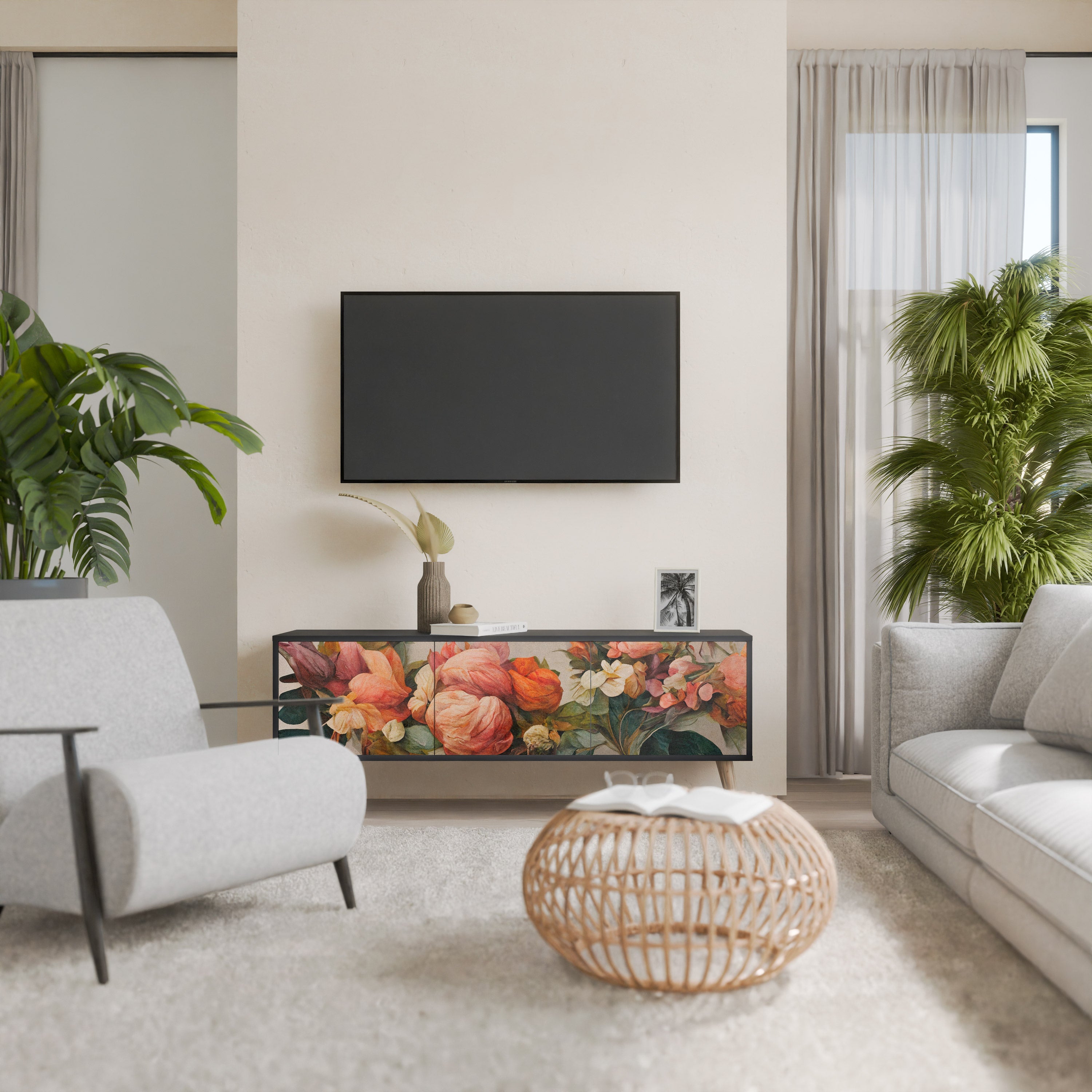 STYLISH BEAUTY 3-Door TV Stand in Black Finish