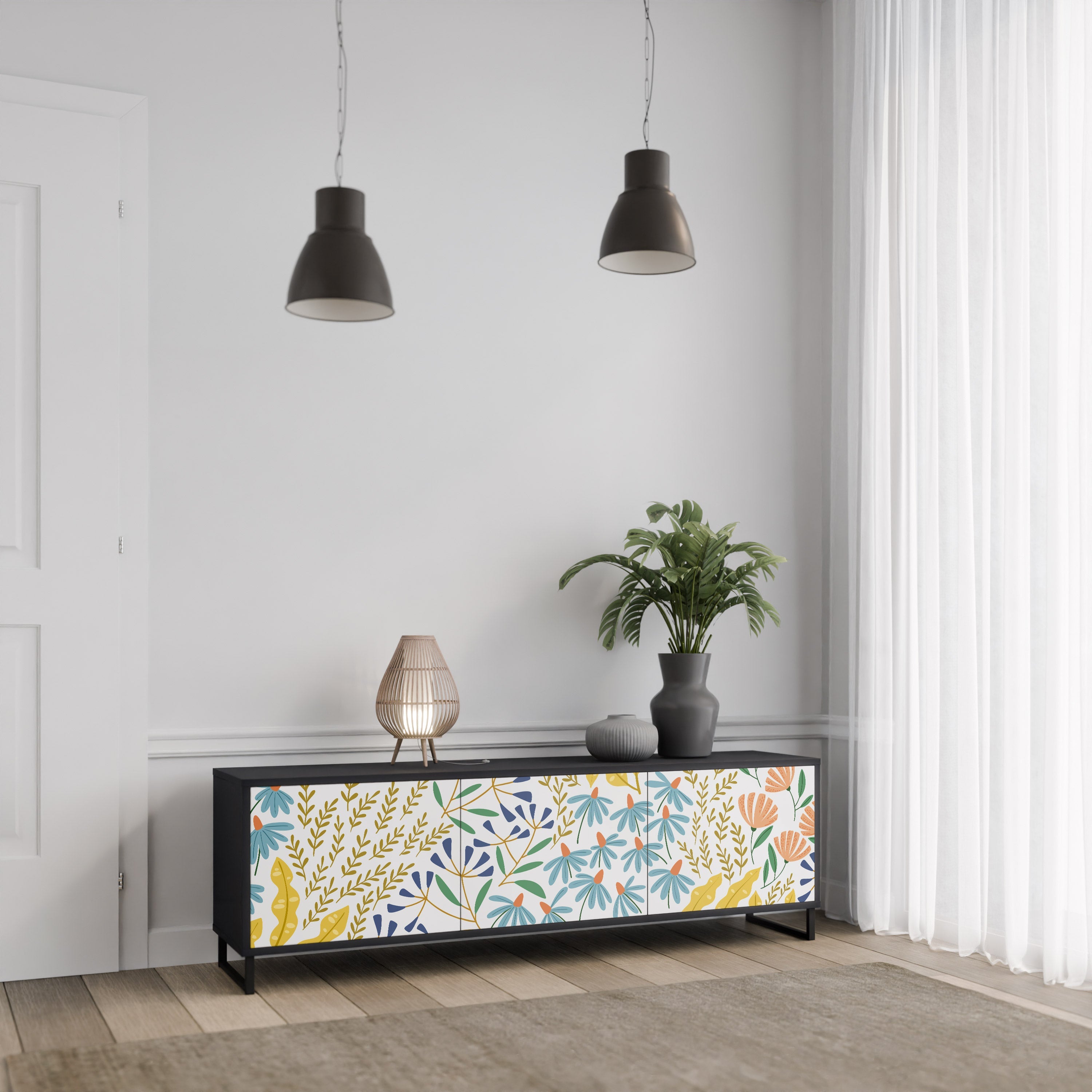 HELLO SPRING 3-Door TV Stand in Black Finish