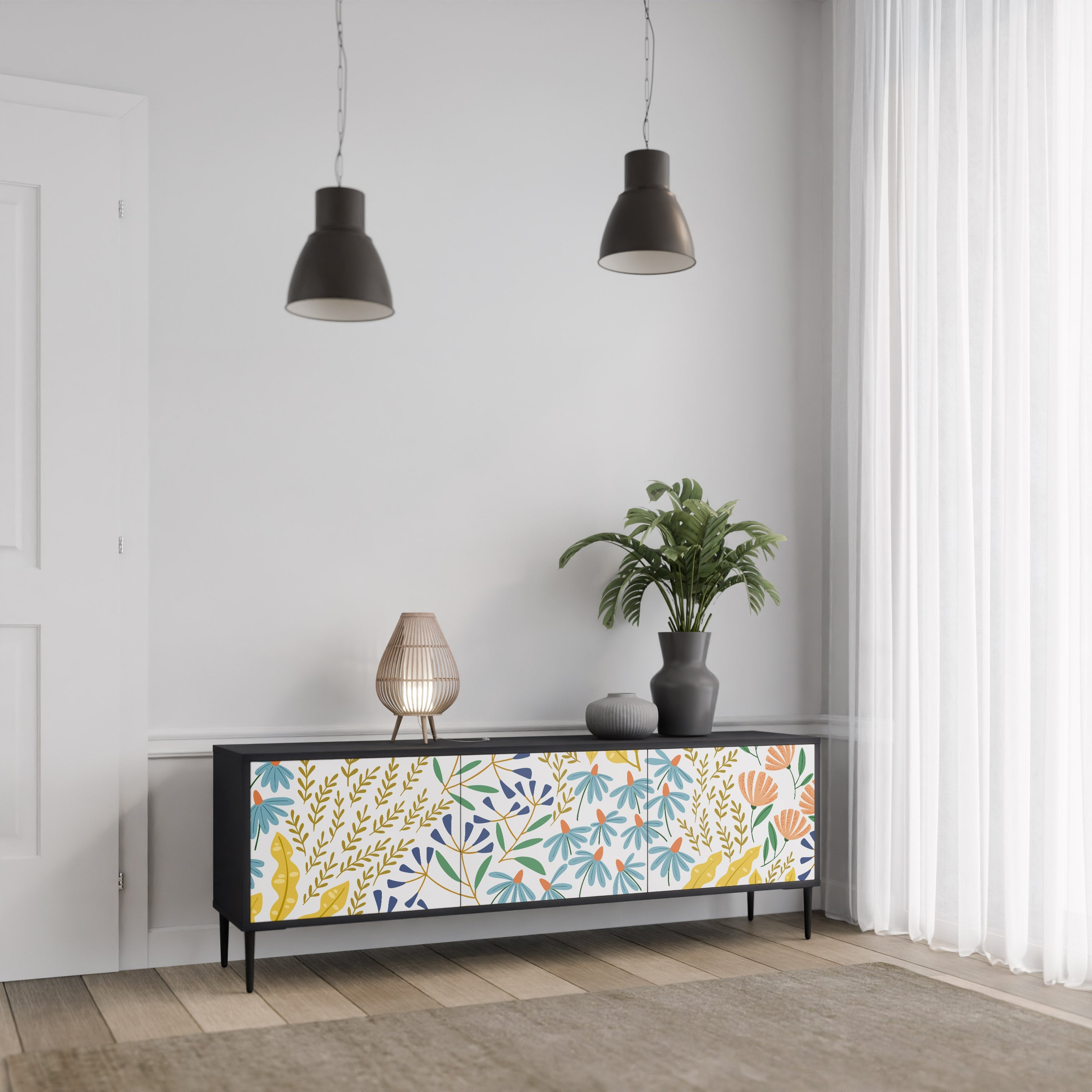 HELLO SPRING 3-Door TV Stand in Black Finish