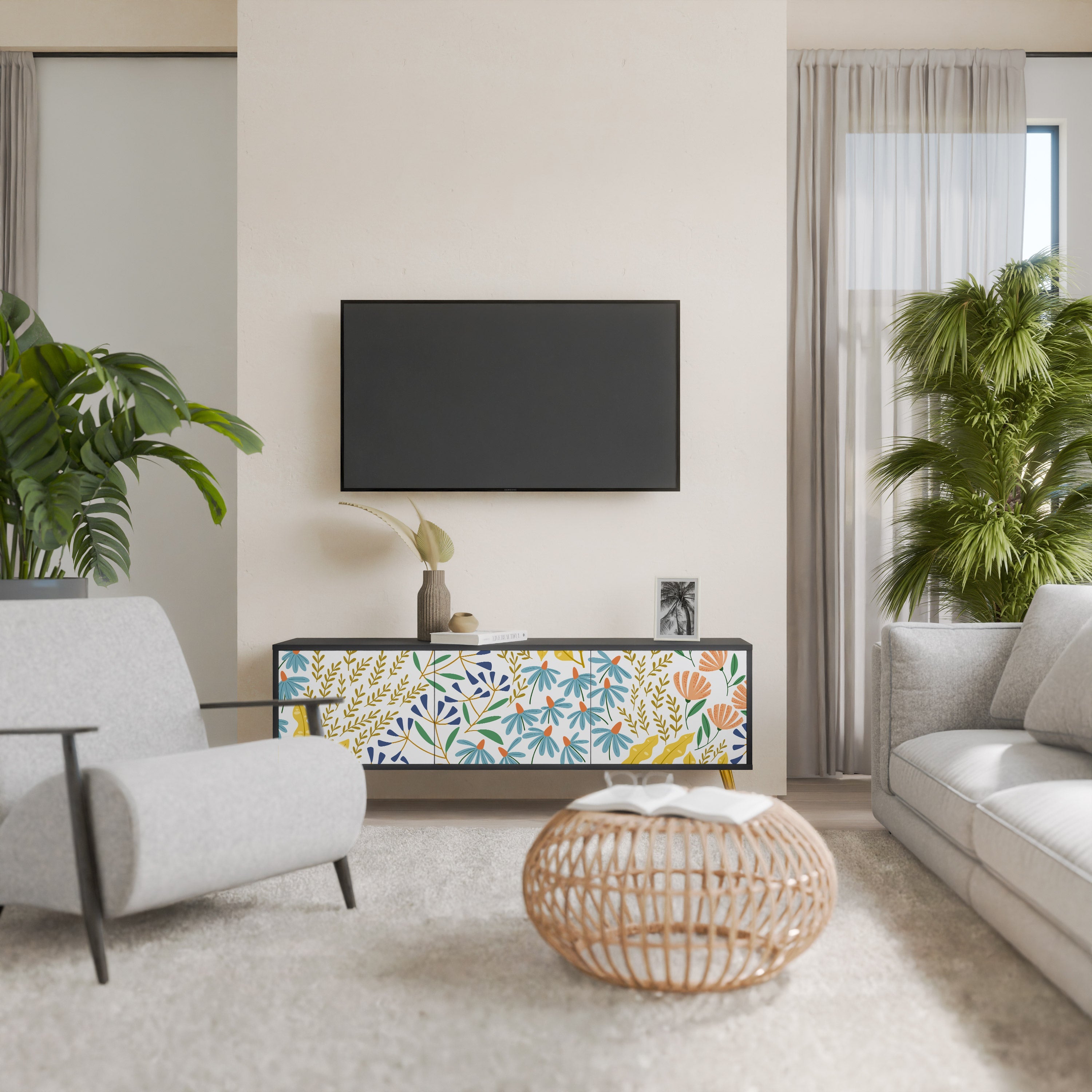 HELLO SPRING 3-Door TV Stand in Black Finish