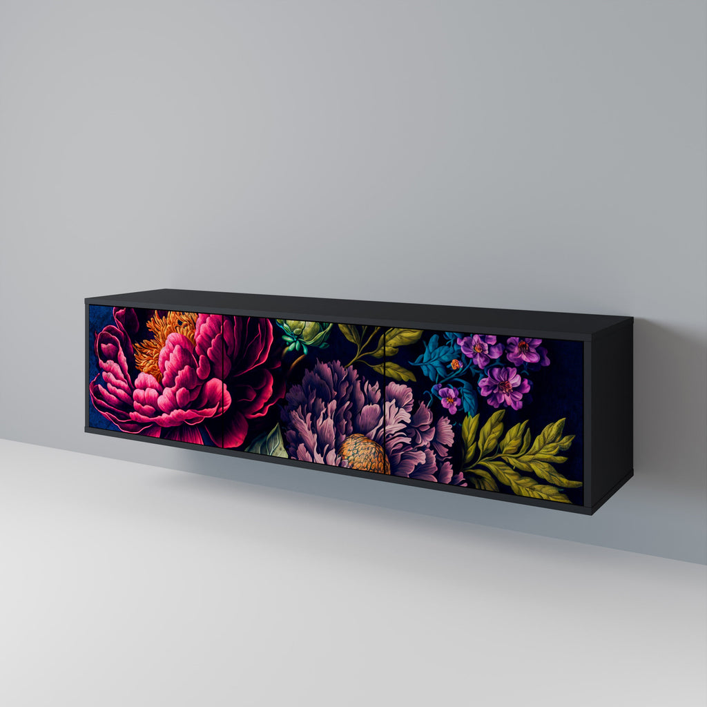 BLOOMING ELEGANCE 3-Door TV Stand in Black Finish