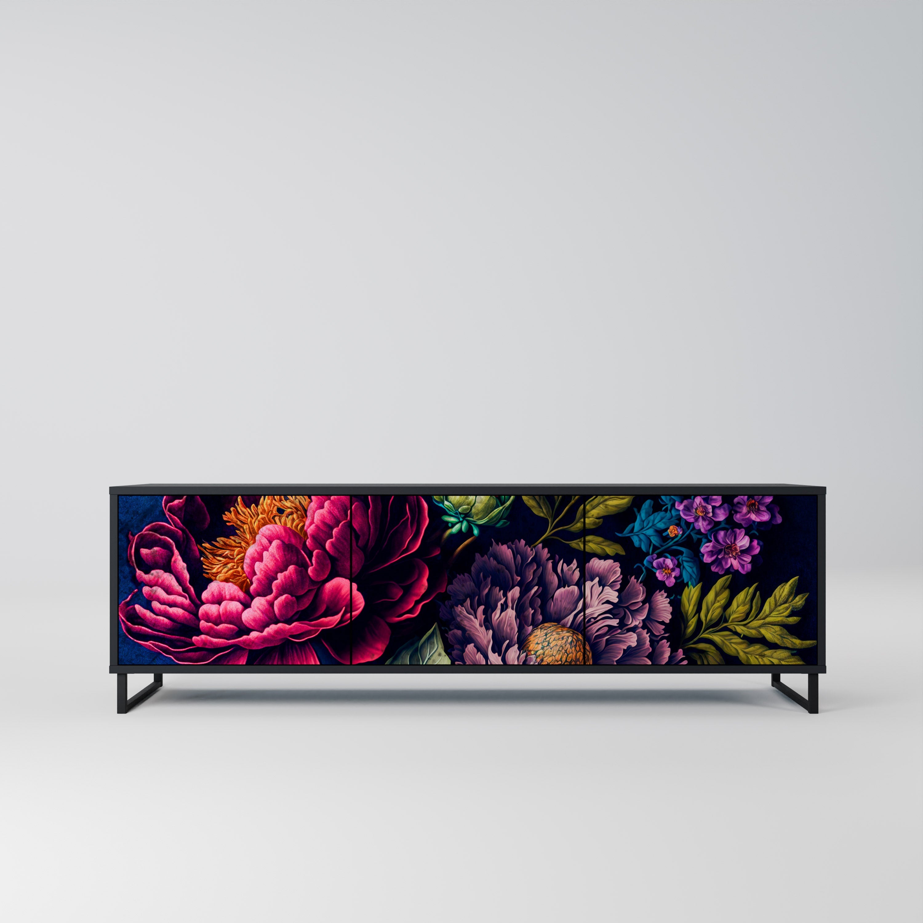 BLOOMING ELEGANCE 3-Door TV Stand in Black Finish