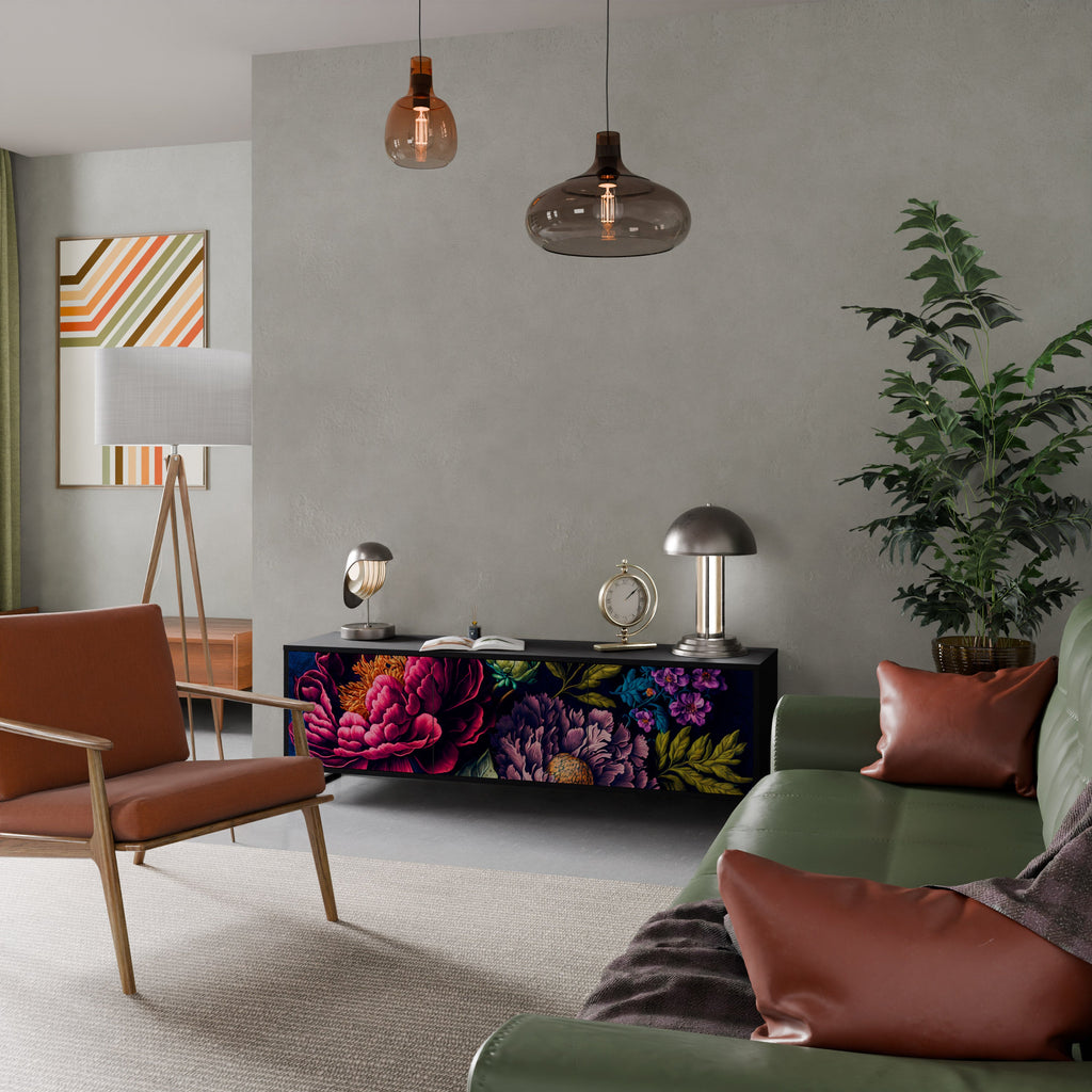 BLOOMING ELEGANCE 3-Door TV Stand in Black Finish