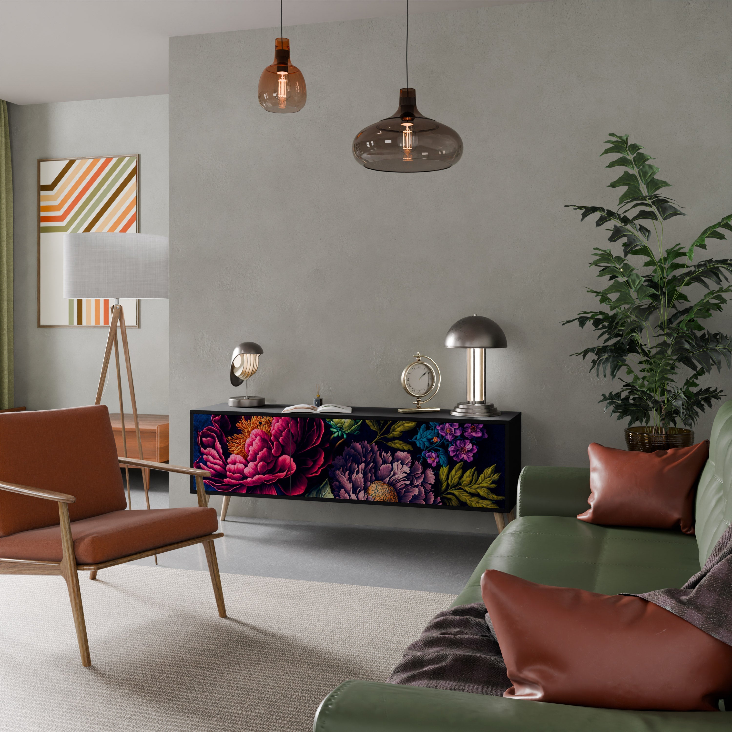 BLOOMING ELEGANCE 3-Door TV Stand in Black Finish