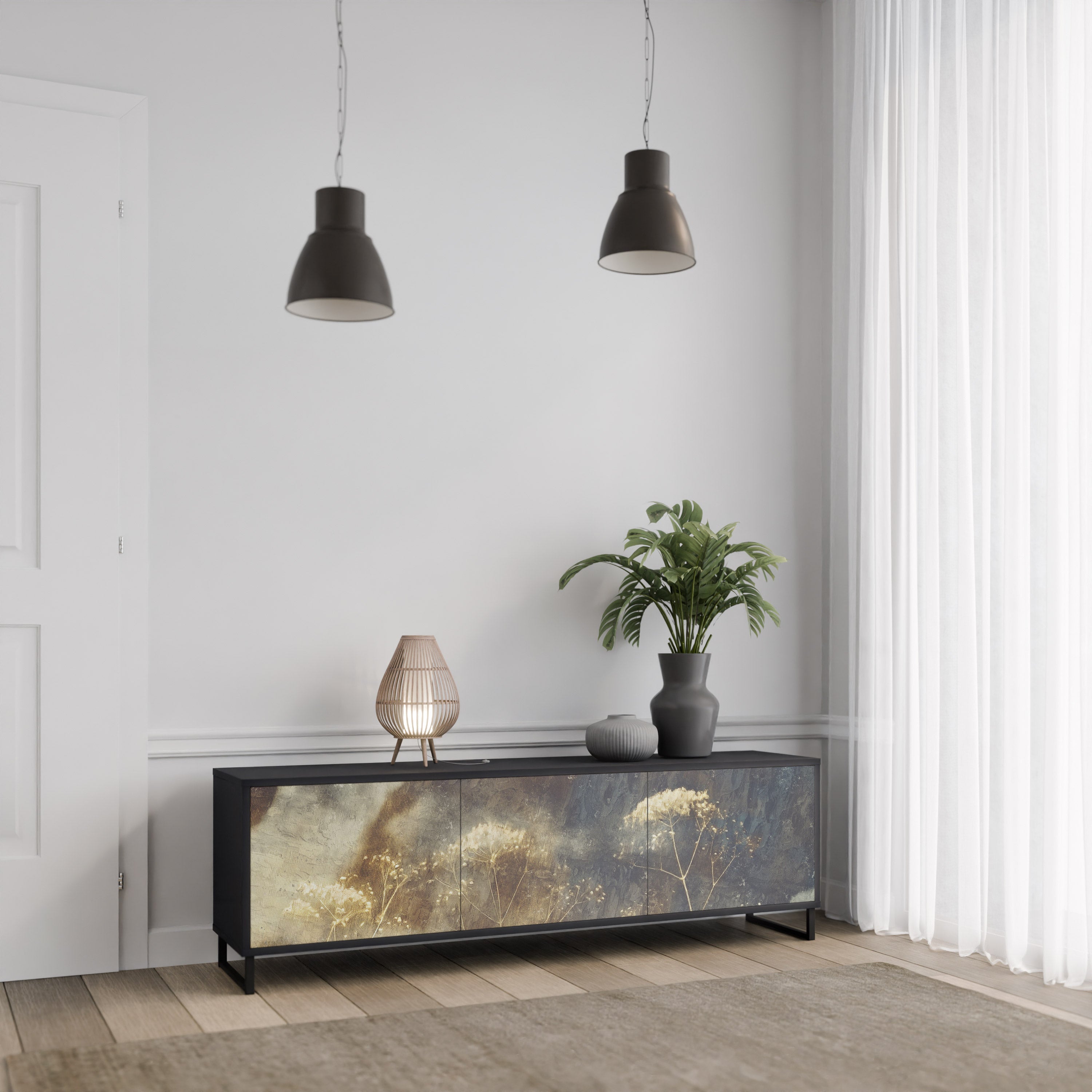 GENTLE POWER 3-Door TV Stand in Black Finish