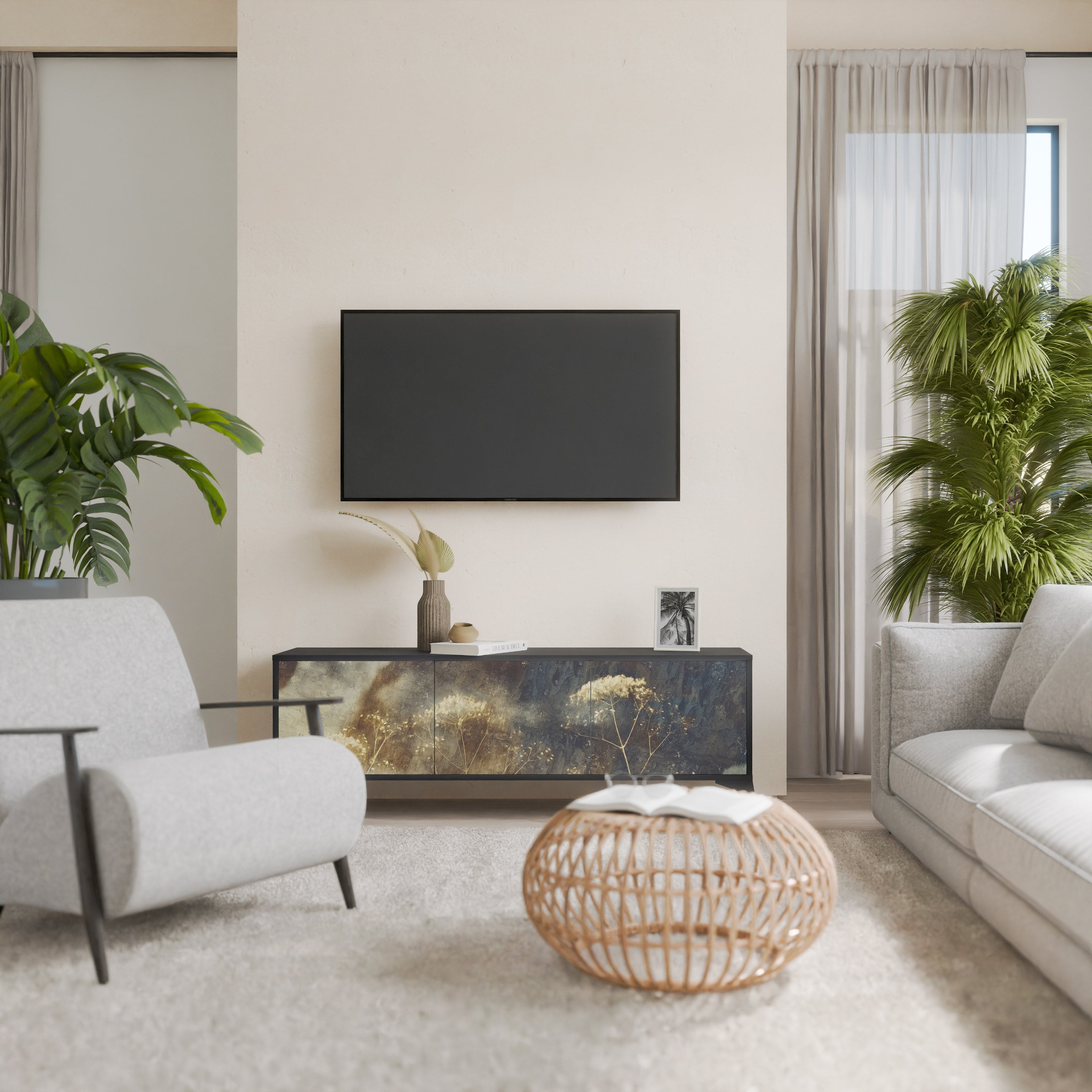 GENTLE POWER 3-Door TV Stand in Black Finish