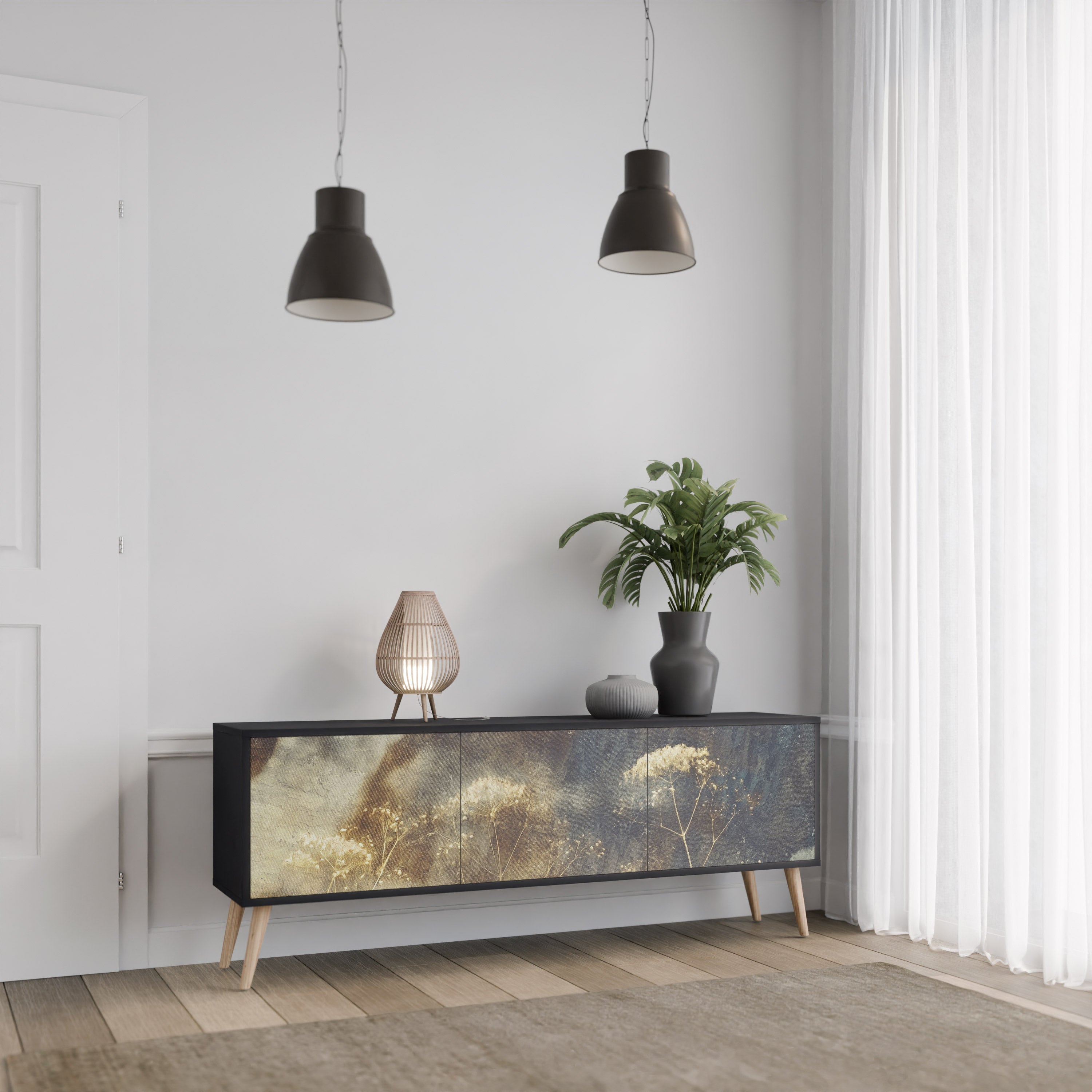 GENTLE POWER 3-Door TV Stand in Black Finish