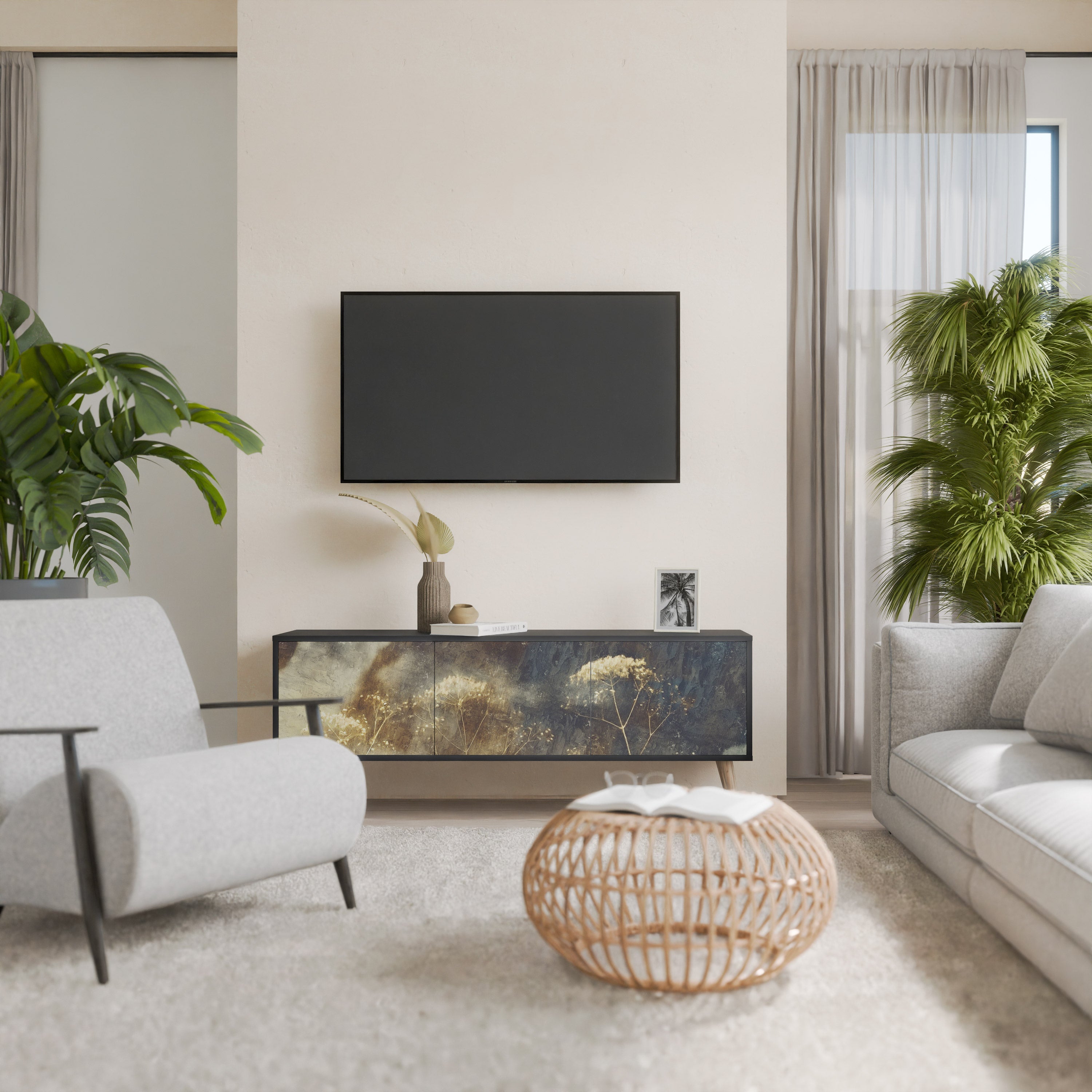 GENTLE POWER 3-Door TV Stand in Black Finish