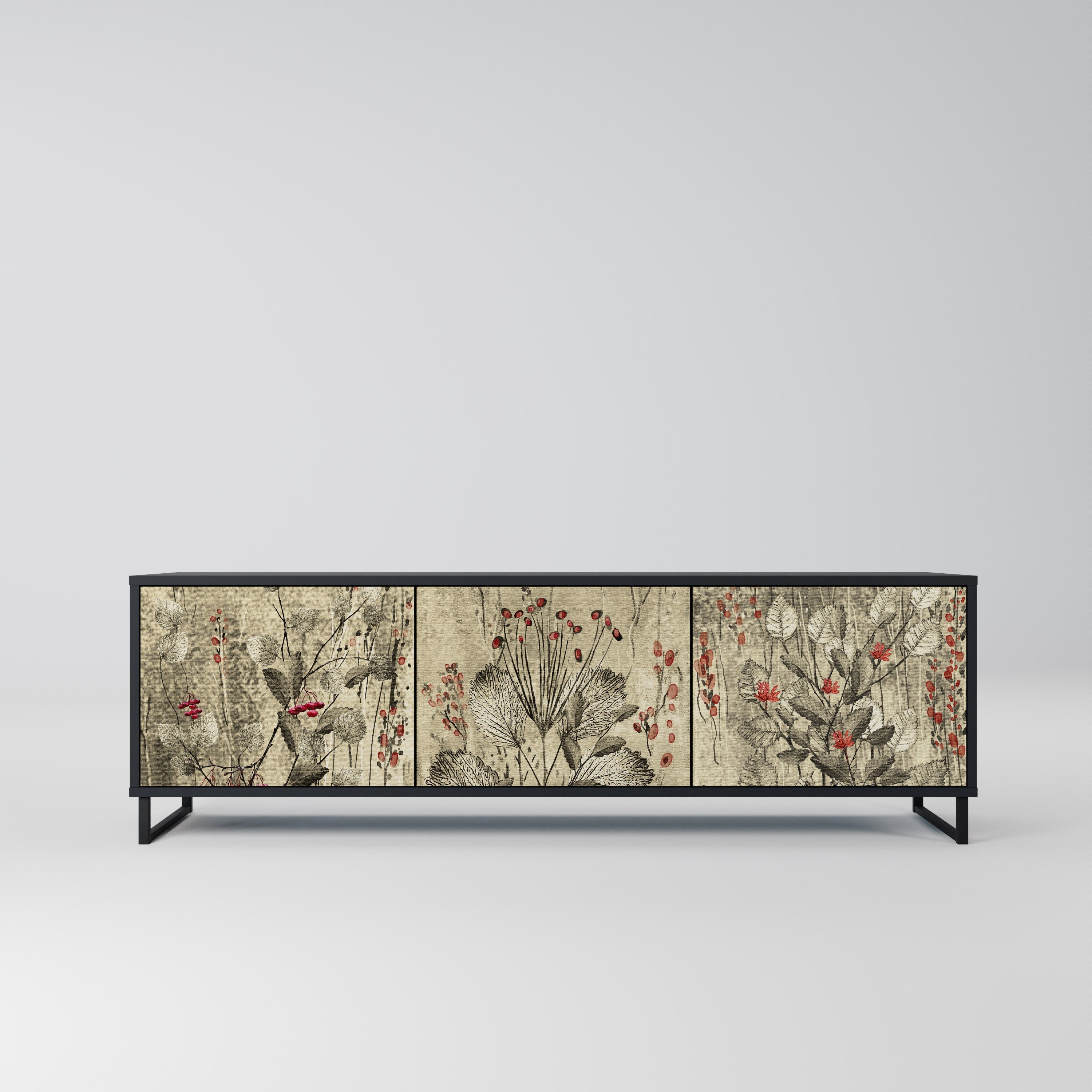 HERBAL GRACE 3-Door TV Stand in Black Finish