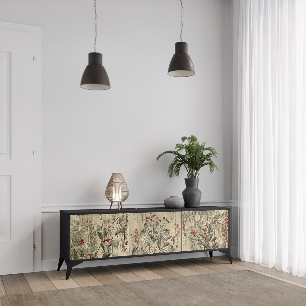 HERBAL GRACE 3-Door TV Stand in Black Finish