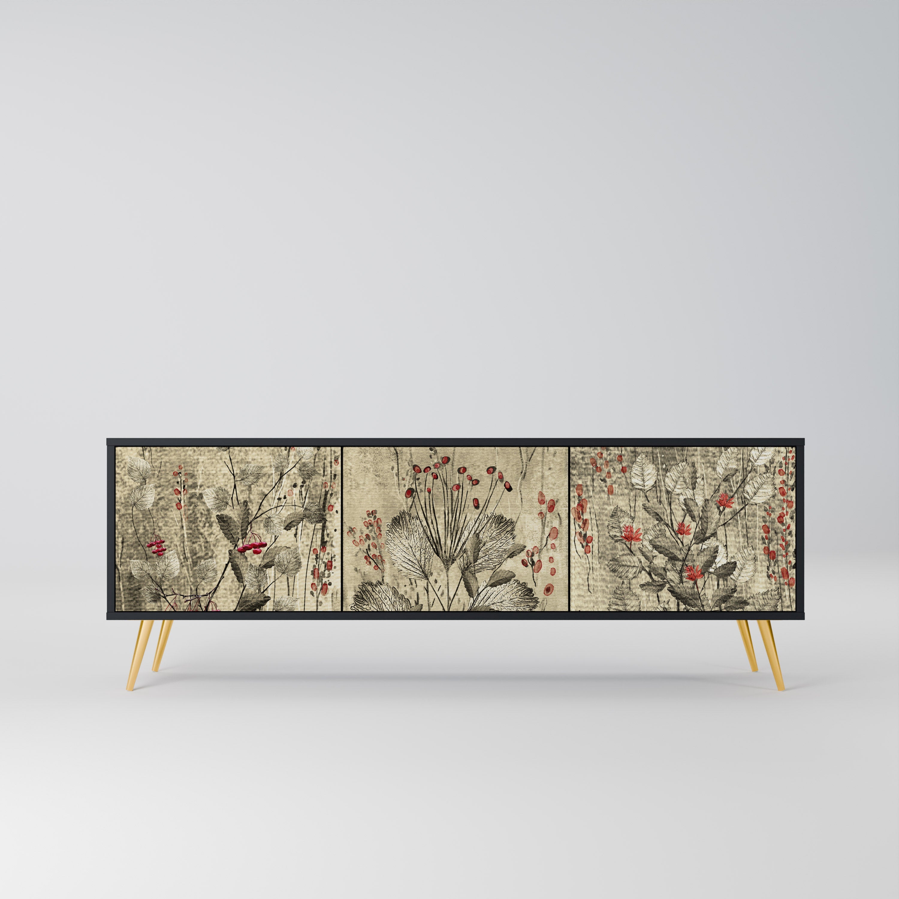 HERBAL GRACE 3-Door TV Stand in Black Finish