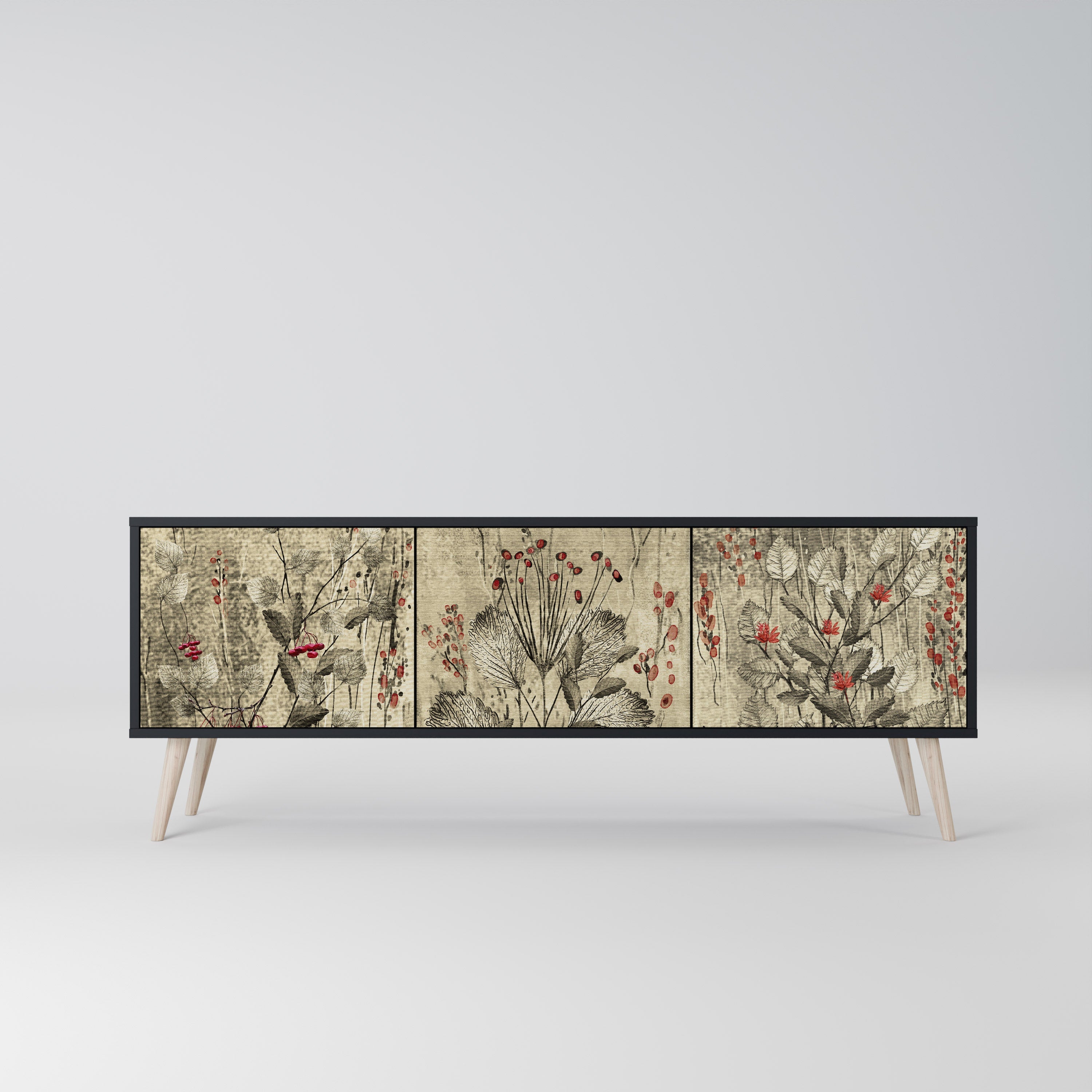 HERBAL GRACE 3-Door TV Stand in Black Finish