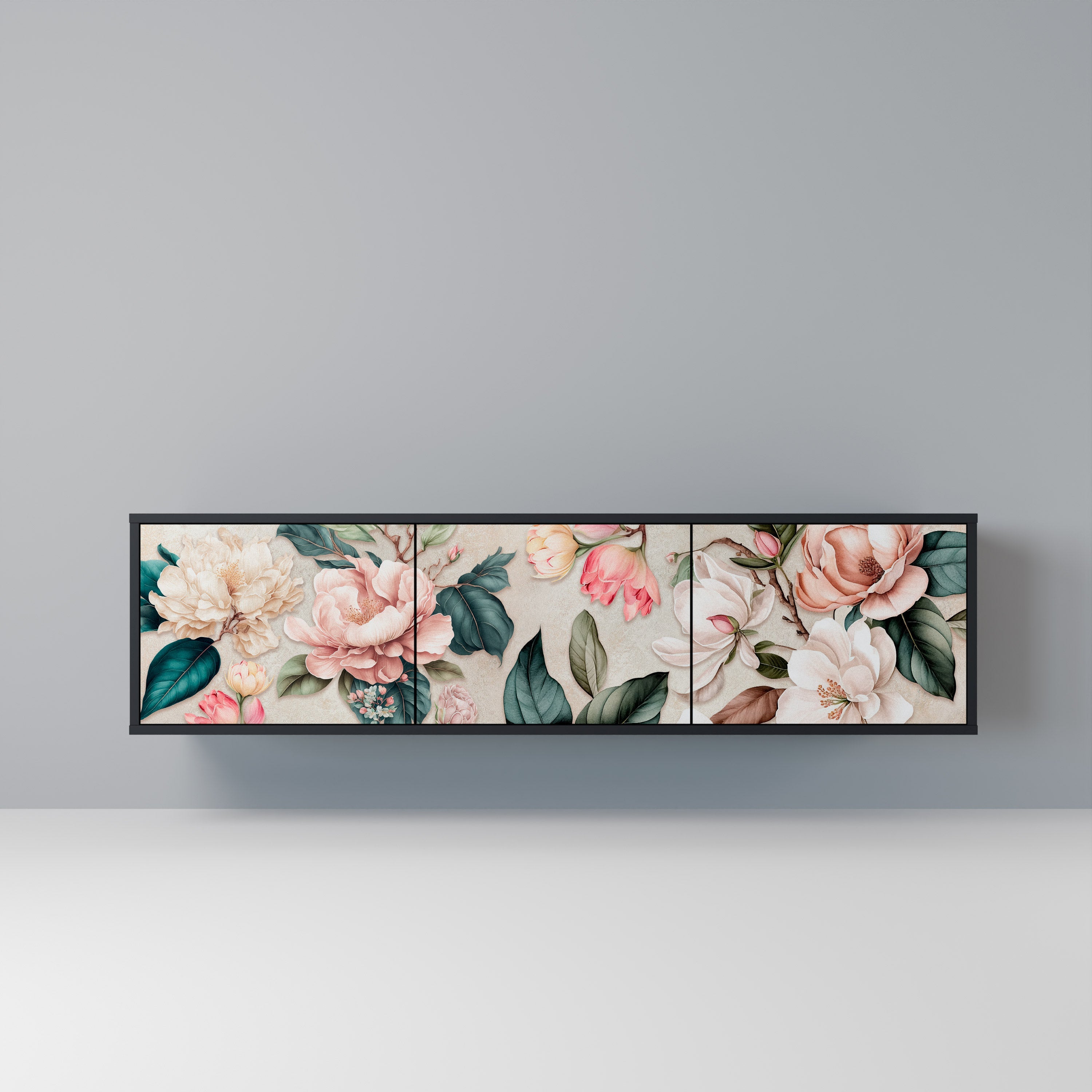 FLORAL GRACE 3-Door TV Stand in Black Finish