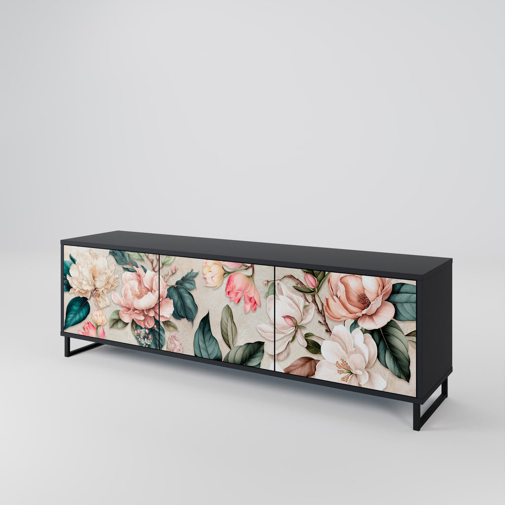 FLORAL GRACE 3-Door TV Stand in Black Finish