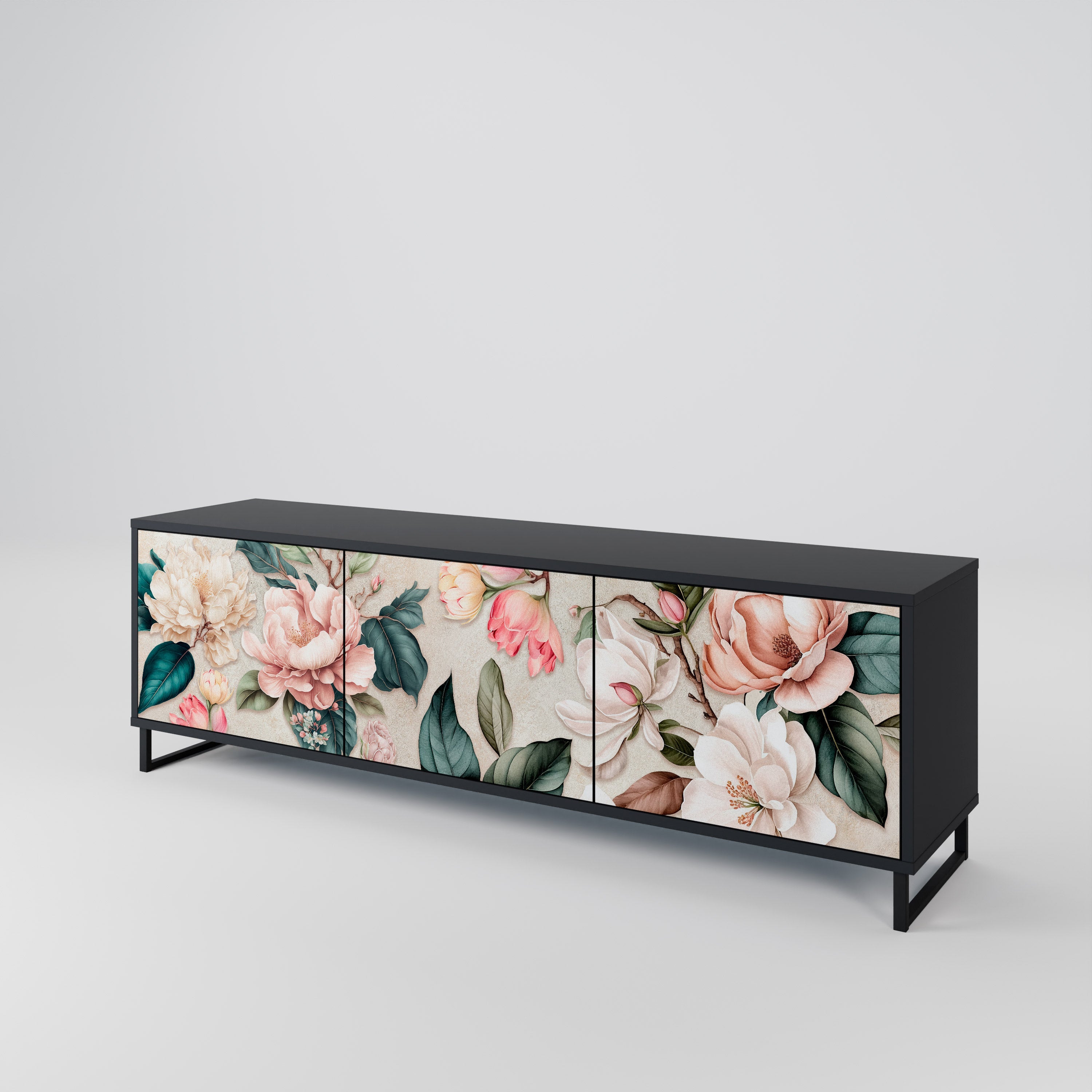 FLORAL GRACE 3-Door TV Stand in Black Finish