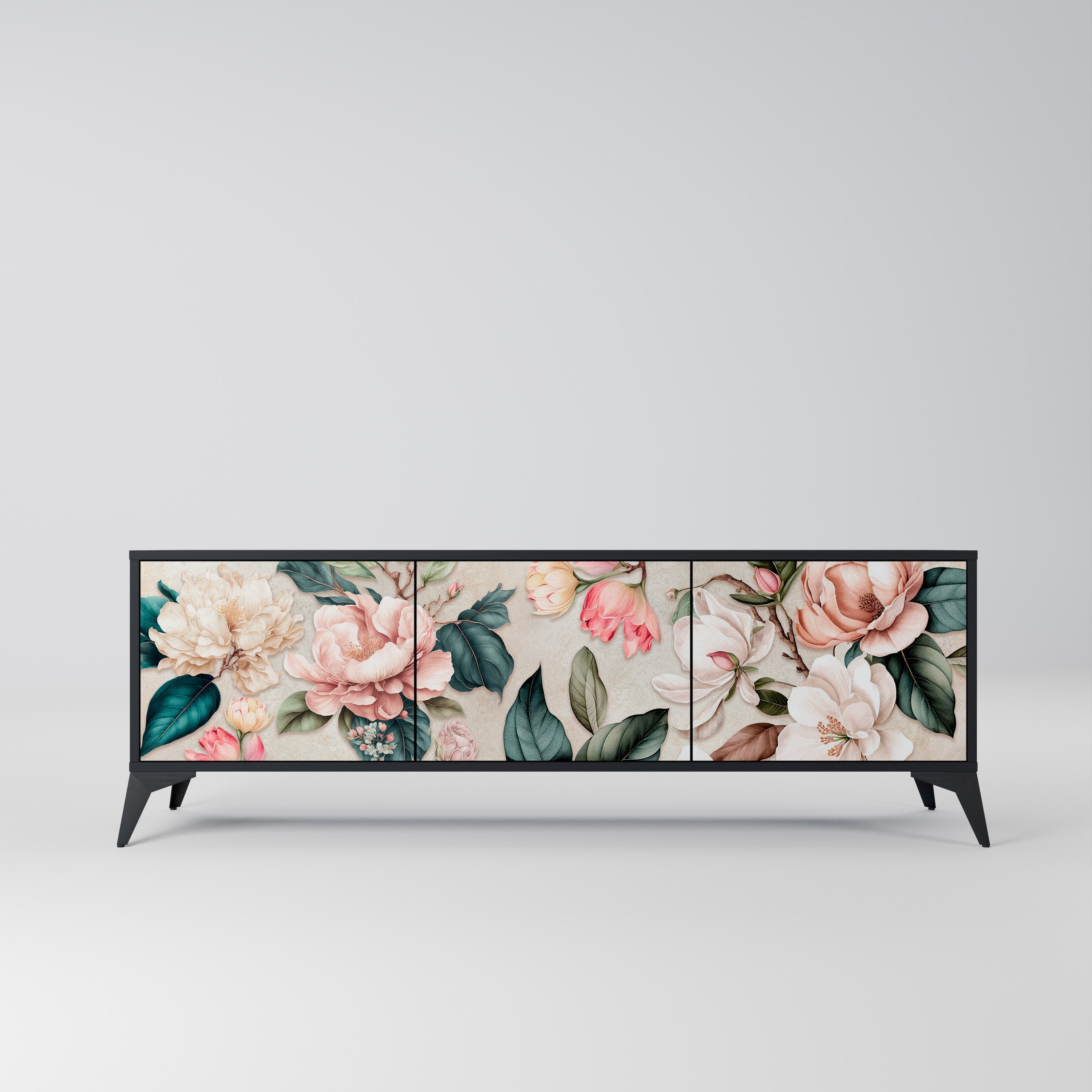 FLORAL GRACE 3-Door TV Stand in Black Finish