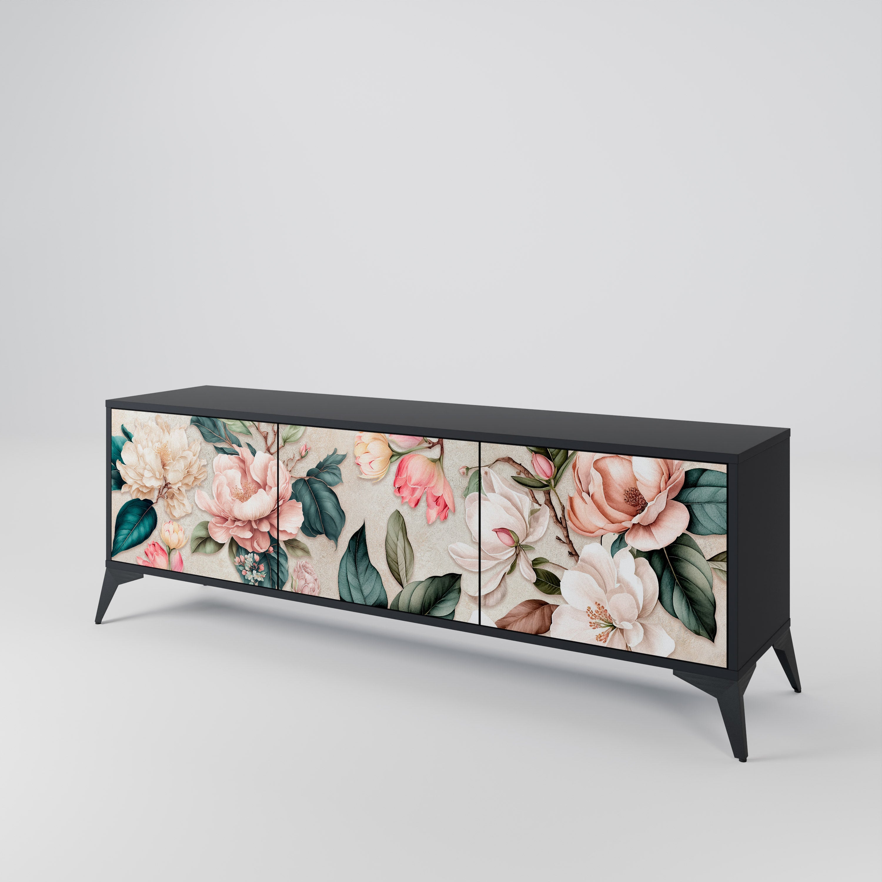 FLORAL GRACE 3-Door TV Stand in Black Finish