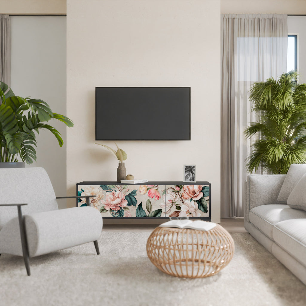 FLORAL GRACE 3-Door TV Stand in Black Finish