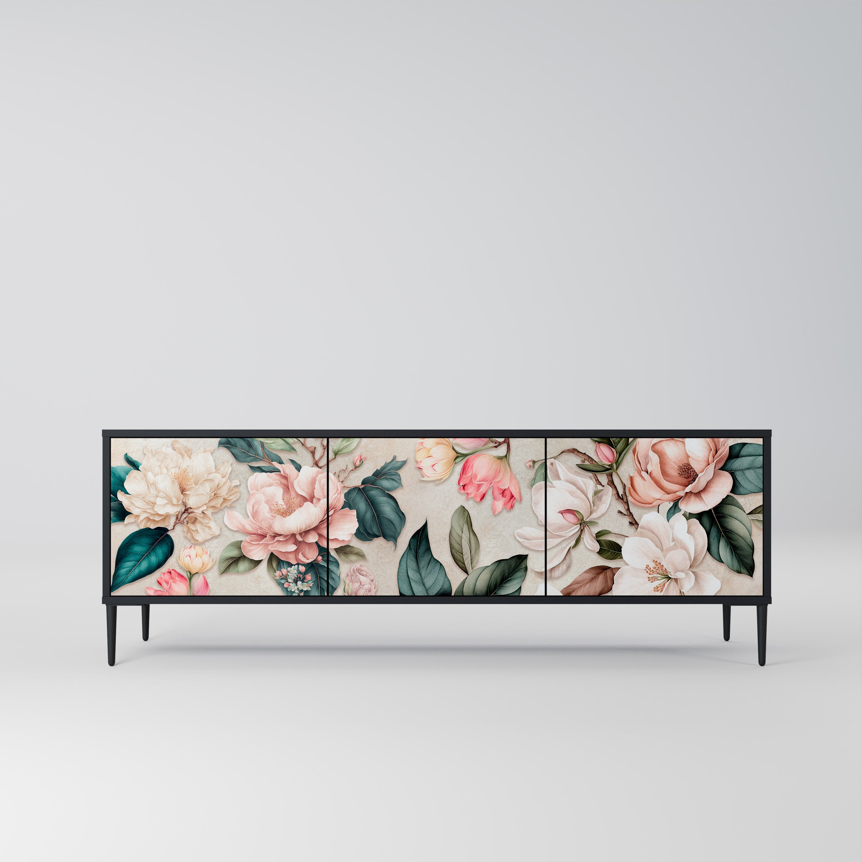 FLORAL GRACE 3-Door TV Stand in Black Finish