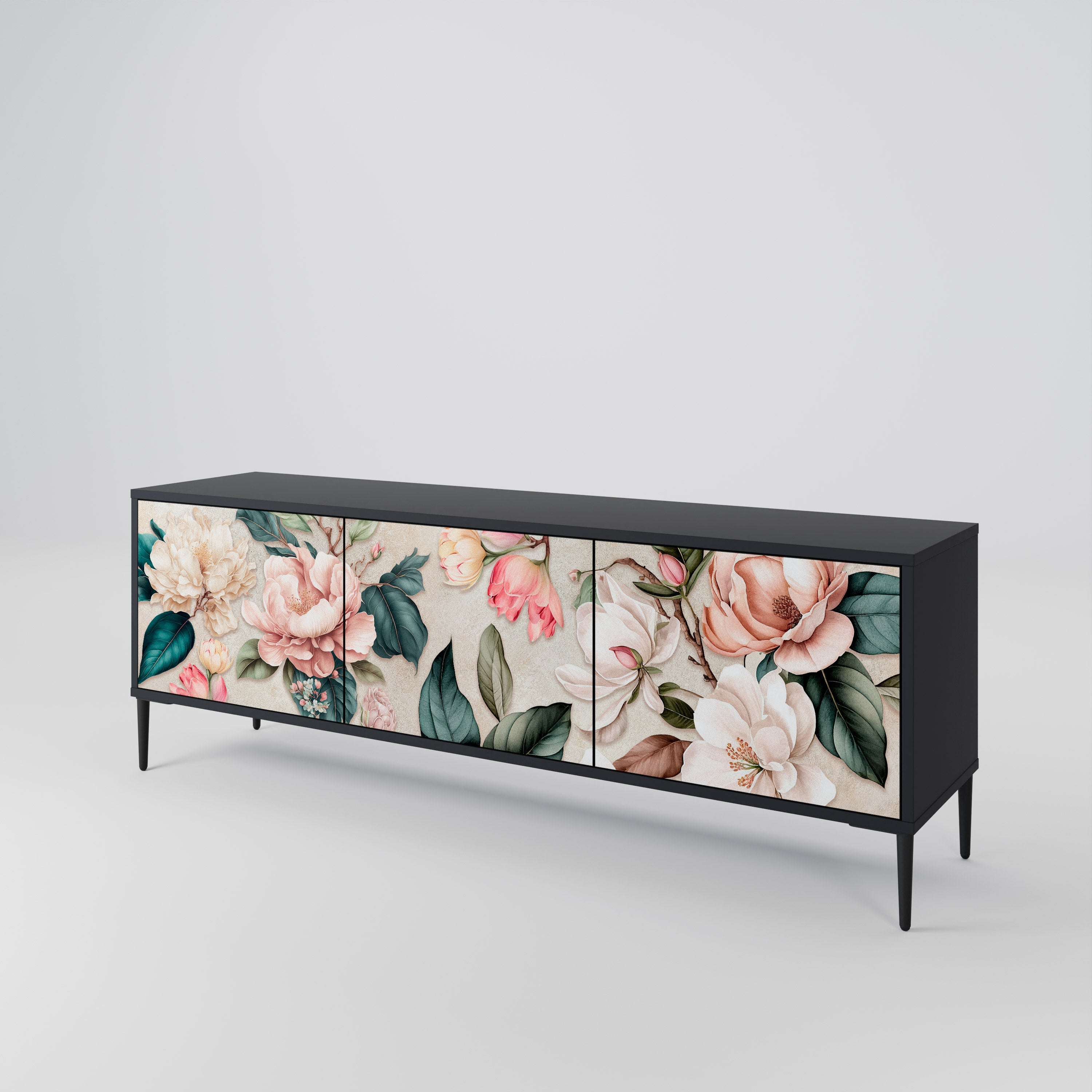 FLORAL GRACE 3-Door TV Stand in Black Finish