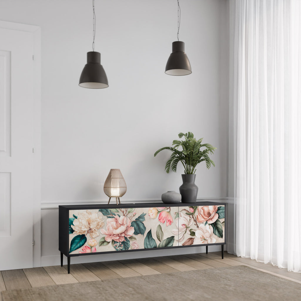 FLORAL GRACE 3-Door TV Stand in Black Finish