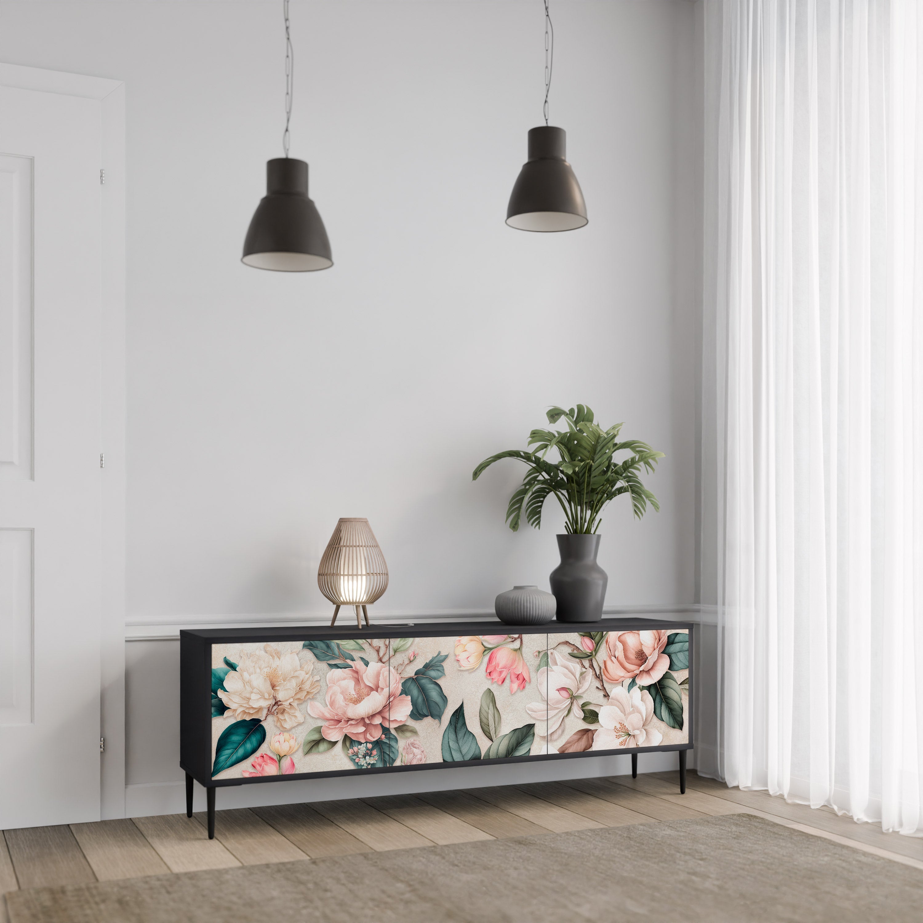 FLORAL GRACE 3-Door TV Stand in Black Finish