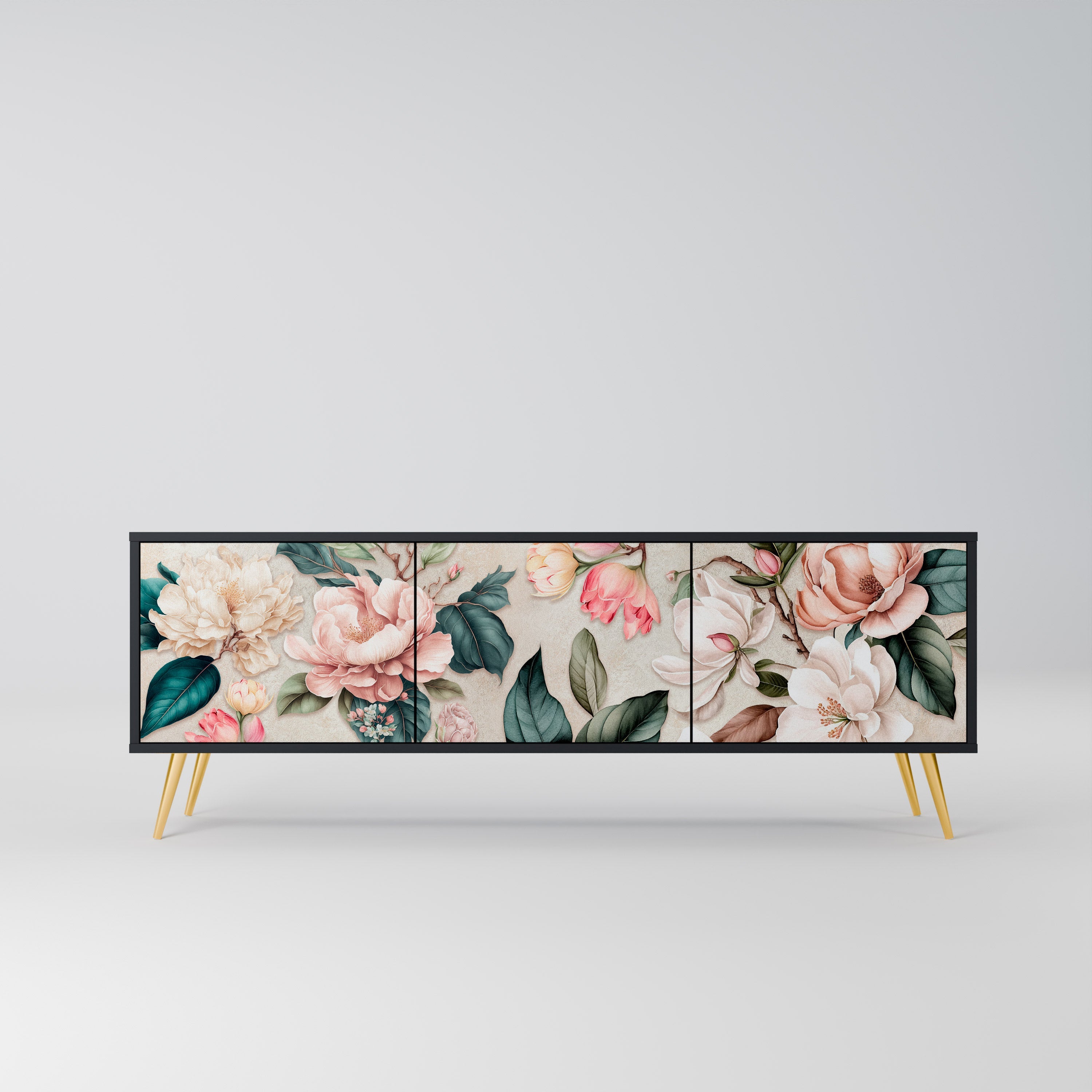 FLORAL GRACE 3-Door TV Stand in Black Finish