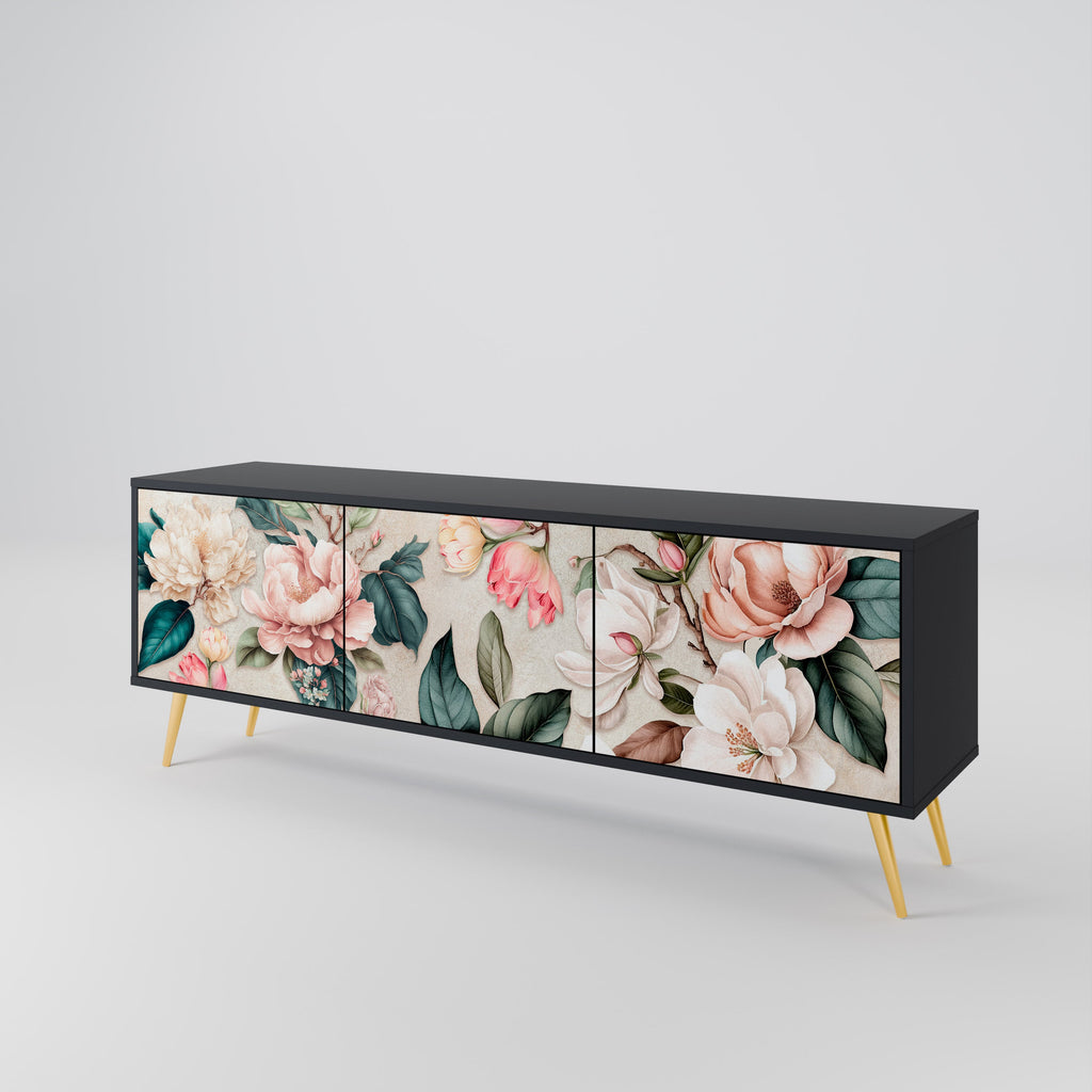 FLORAL GRACE 3-Door TV Stand in Black Finish