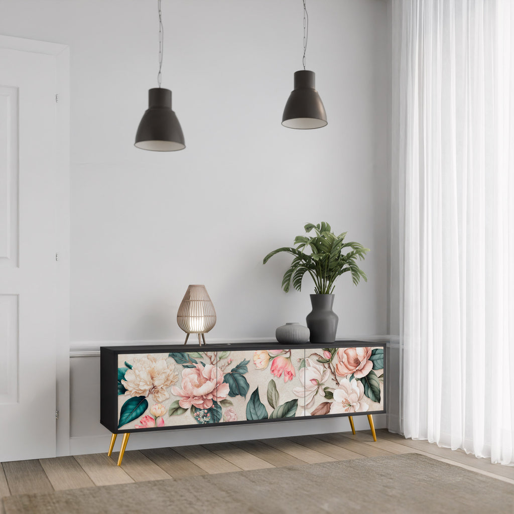 FLORAL GRACE 3-Door TV Stand in Black Finish