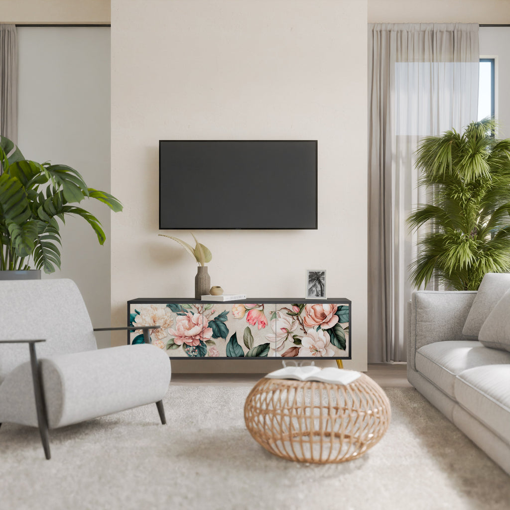 FLORAL GRACE 3-Door TV Stand in Black Finish