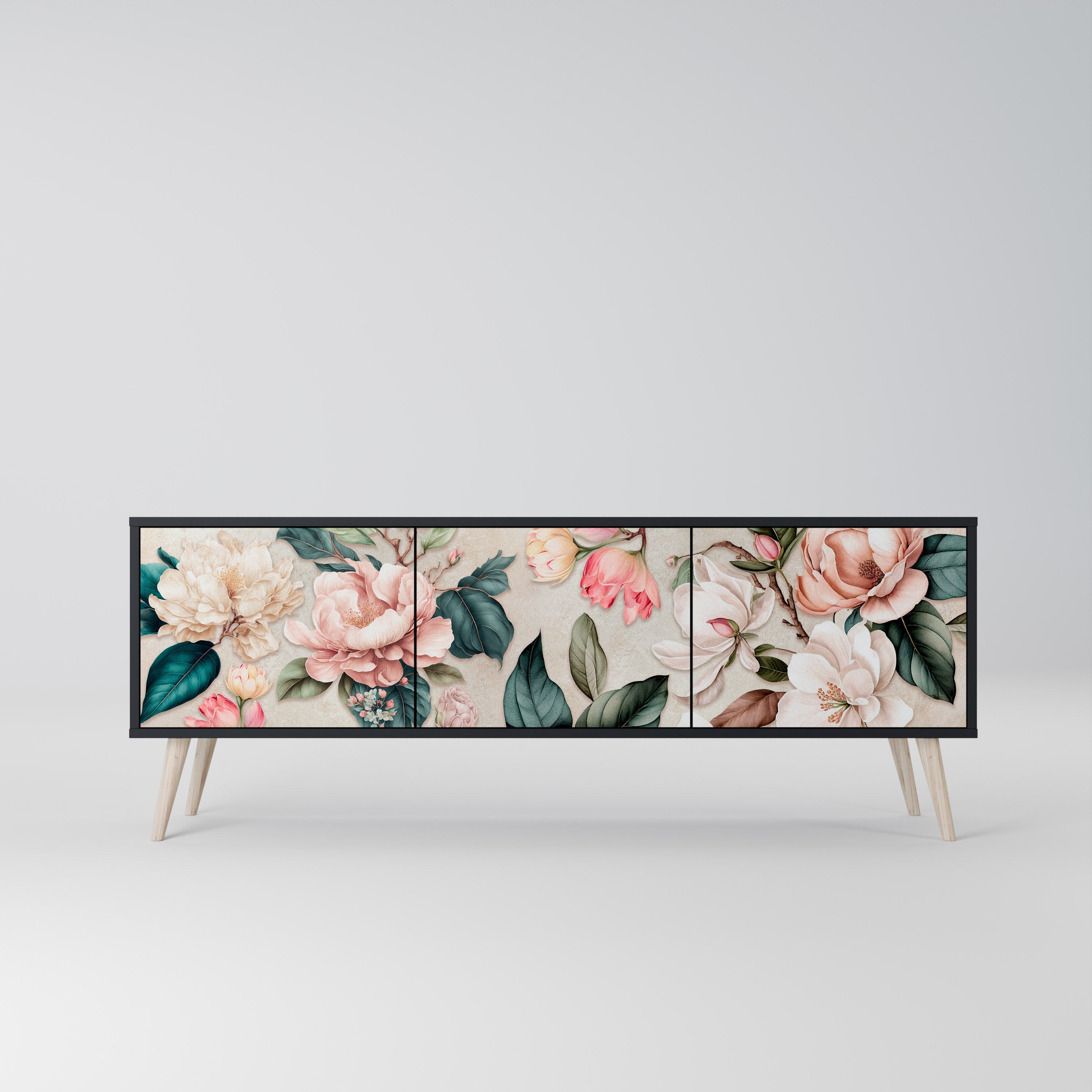 FLORAL GRACE 3-Door TV Stand in Black Finish