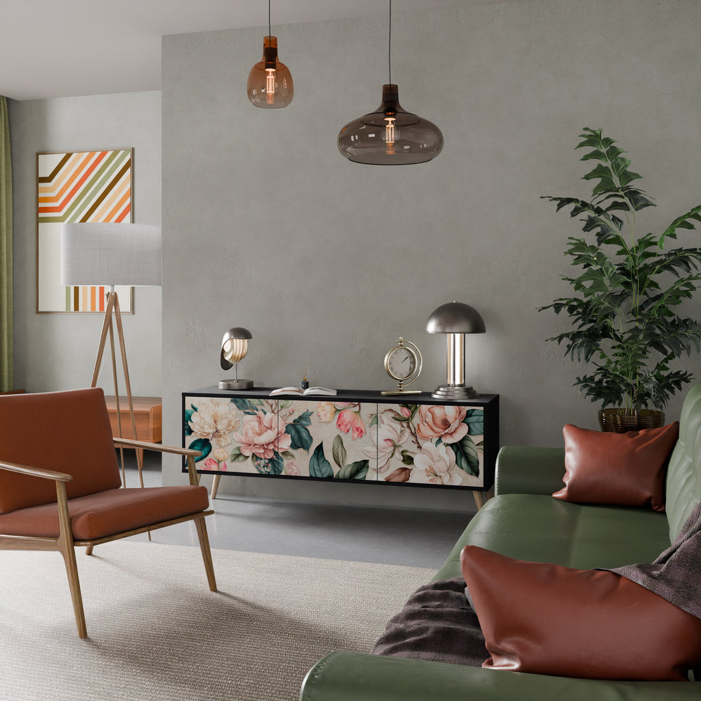 FLORAL GRACE 3-Door TV Stand in Black Finish