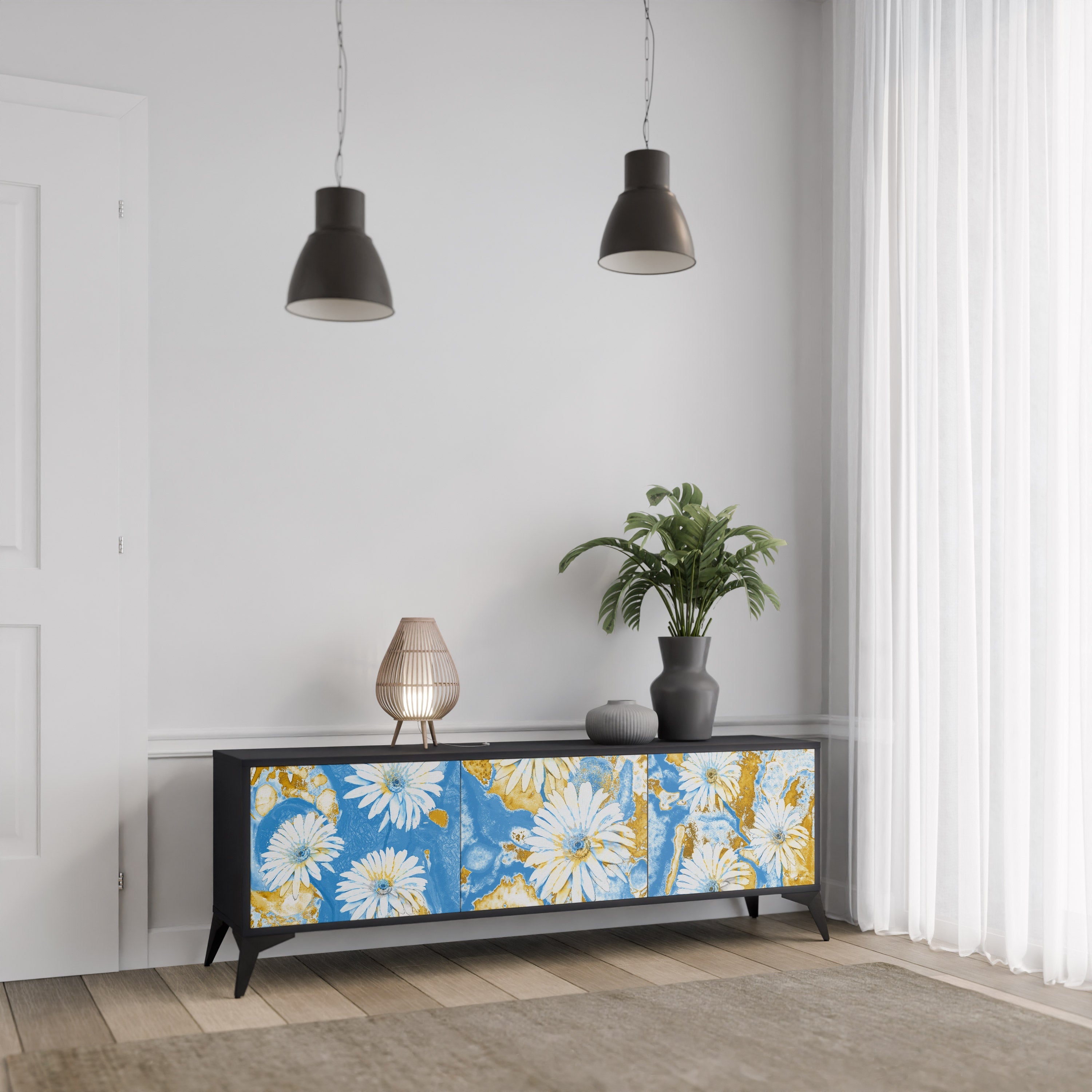 DAISY LUXE 3-Door TV Stand in Black Finish