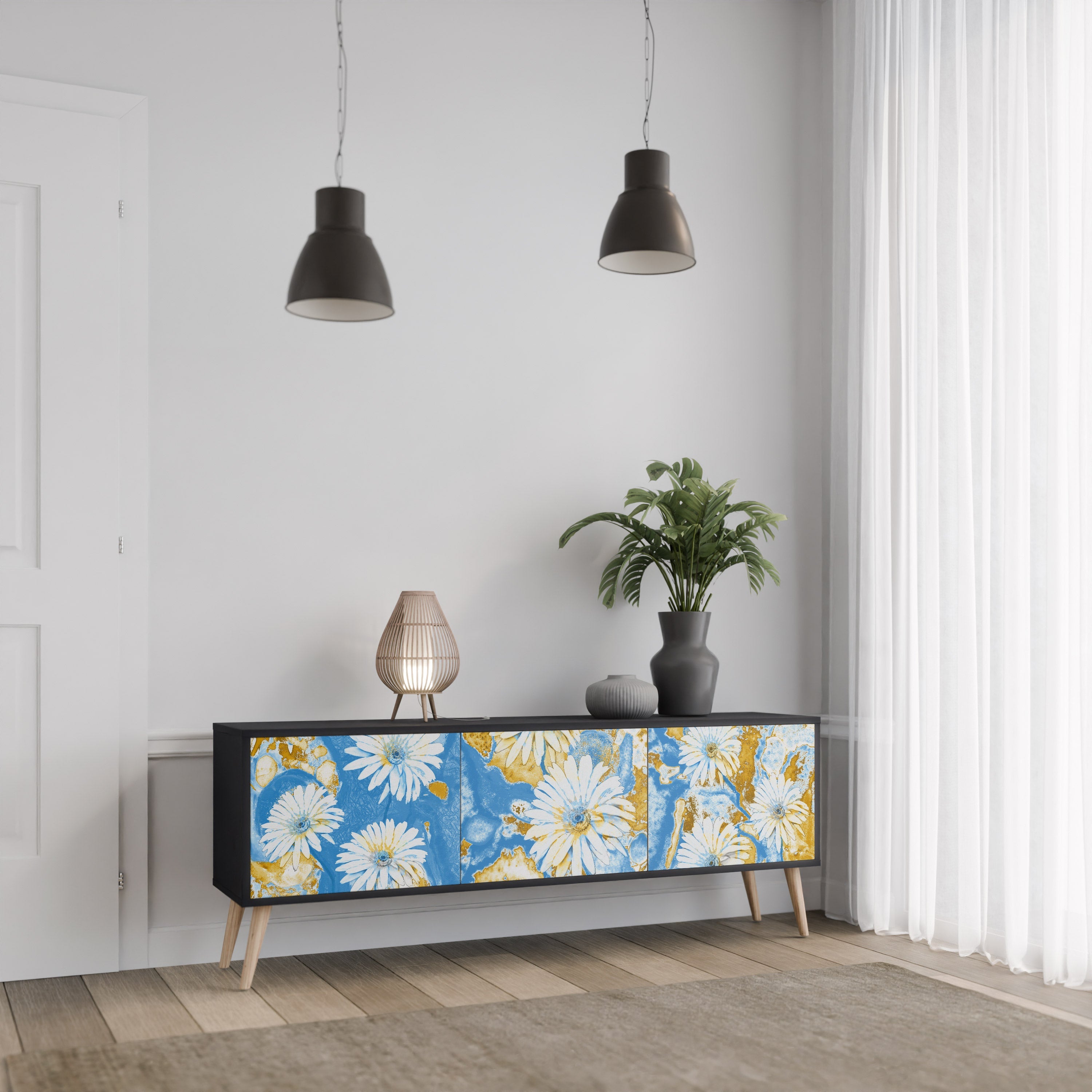 DAISY LUXE 3-Door TV Stand in Black Finish