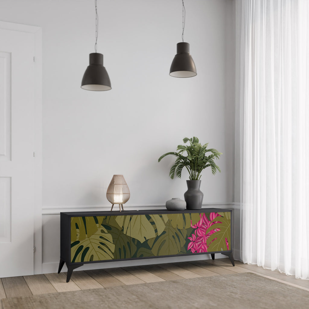 TROPICAL BEAUTY Móvel de TV com 3 Portas em Acabamento Preto